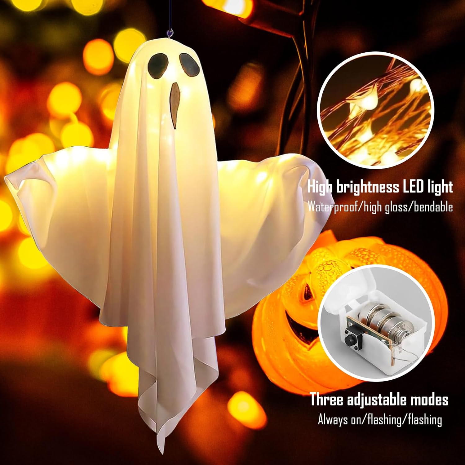 Halloween Decoration - 2 Pieces Hanging Ghosts - With LED Lighting - For Outdoors and Gardens - Spooky Party Atmosphere