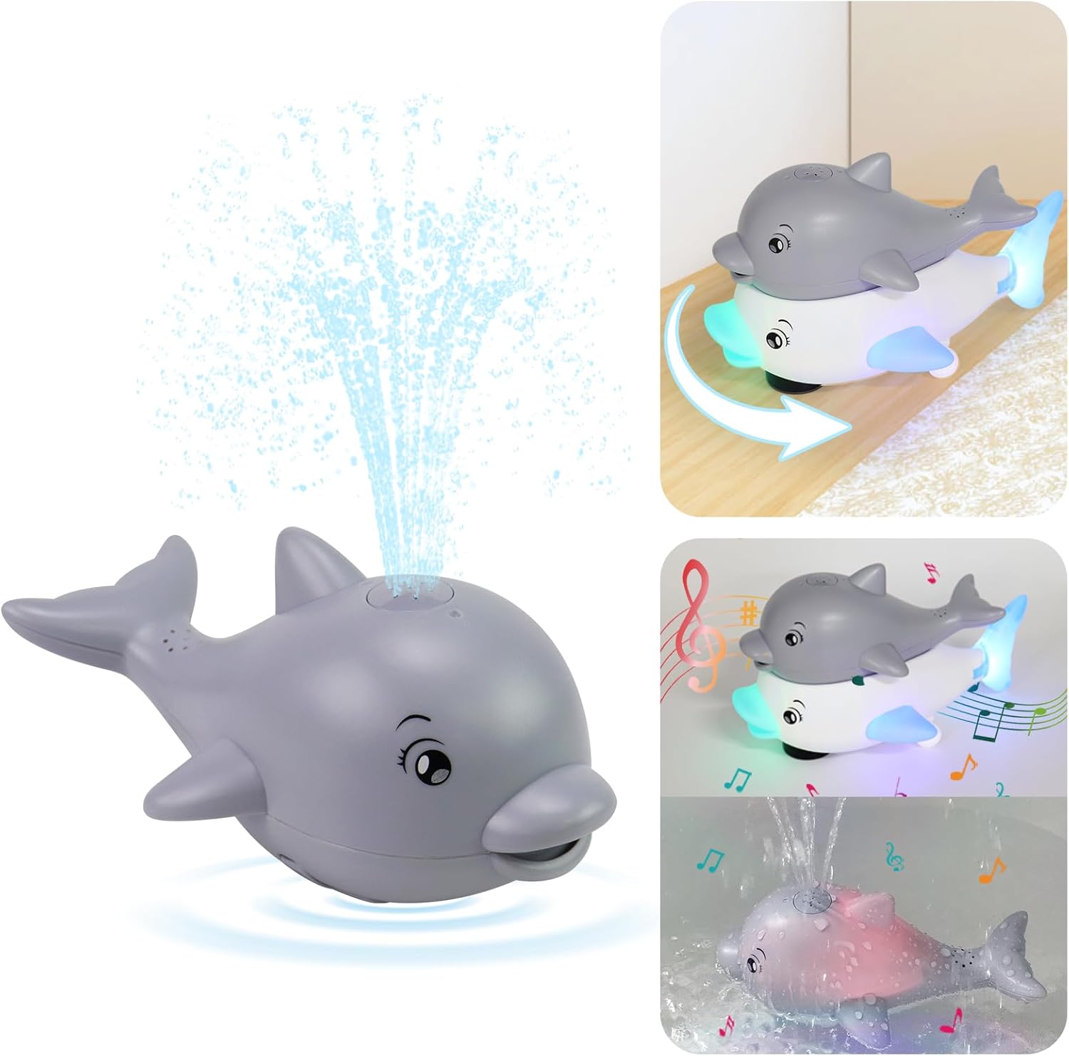 Baby Toys 6–36 Months – Bath Toys – Educational Toys – 2-in-1 Dolphin Bath Toy with LED Light and Music – Induction Water Sprayer and Universal Wheels – Safe ABS Material – Sensory Toys for Motor Skills and Bath Fun