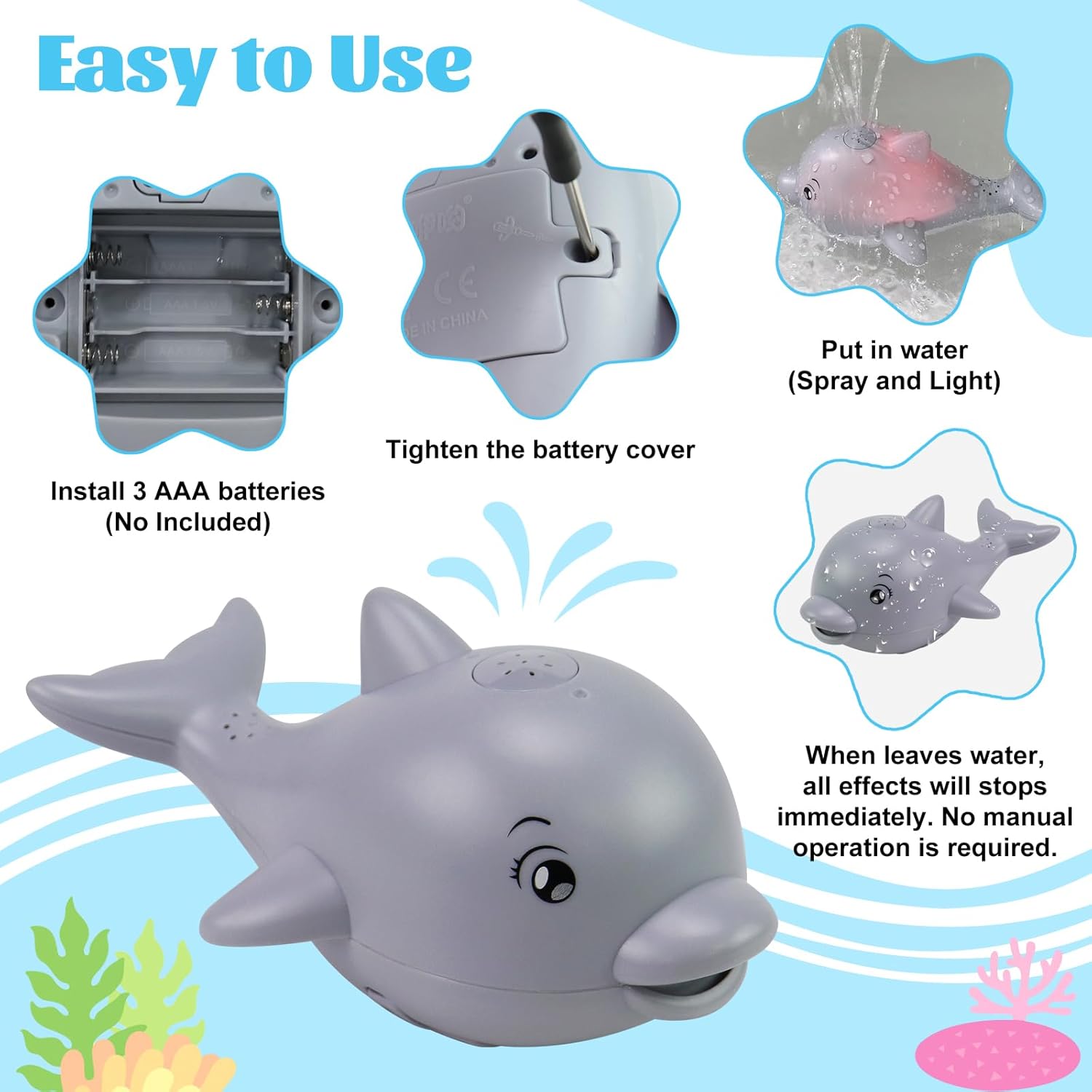 Baby Toys 6–36 Months – Bath Toys – Educational Toys – 2-in-1 Dolphin Bath Toy with LED Light and Music – Induction Water Sprayer and Universal Wheels – Safe ABS Material – Sensory Toys for Motor Skills and Bath Fun