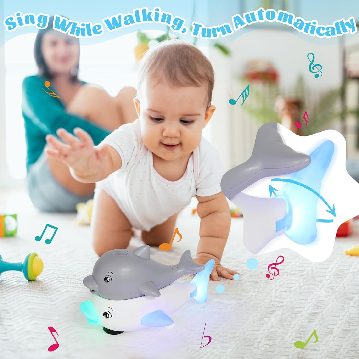 Baby Toys 6–36 Months – Bath Toys – Educational Toys – 2-in-1 Dolphin Bath Toy with LED Light and Music – Induction Water Sprayer and Universal Wheels – Safe ABS Material – Sensory Toys for Motor Skills and Bath Fun