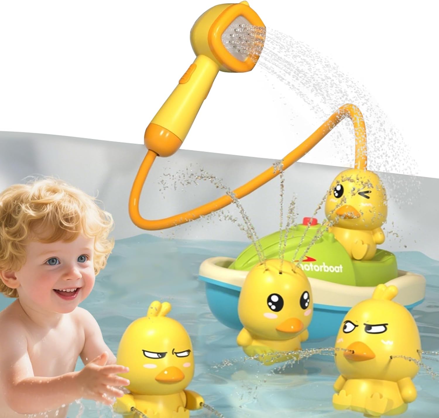 Shower Toys - Baby Bath Toys - Baby Toys - Detachable Duck Shower Head with Hand Pump - BPA Free - Gentle Hair Rinse & Sensory Water Fun - With 3 Ducks - Suction Cup Base - For Newborns, Babies & Toddlers