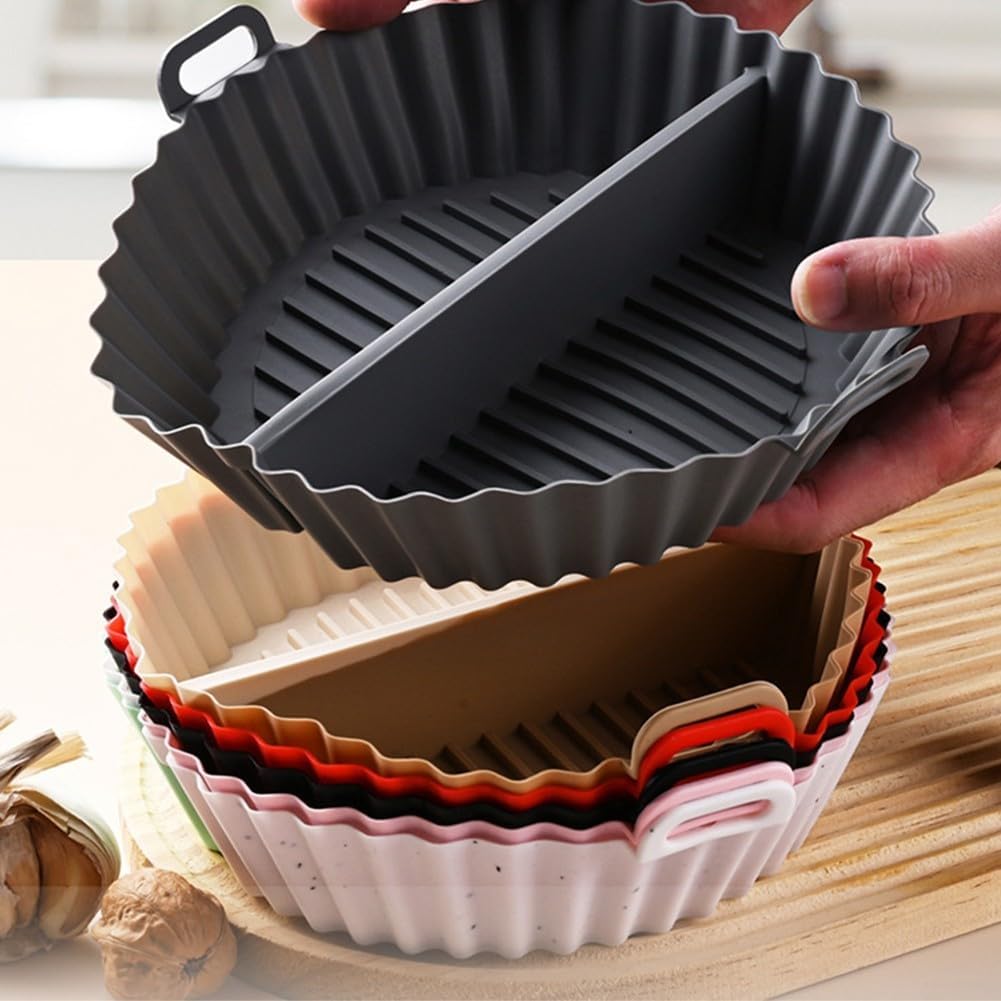 Airfryer baking tray – Airfryer accessories – Round Silicone Baking Tray with Division – Non-Stick Heat Resistant Baking Pan for Oven & Airfryer – Suitable for Cakes, Cookies & Muffins – 20×20×4.5 cm – Gray – 2 pieces