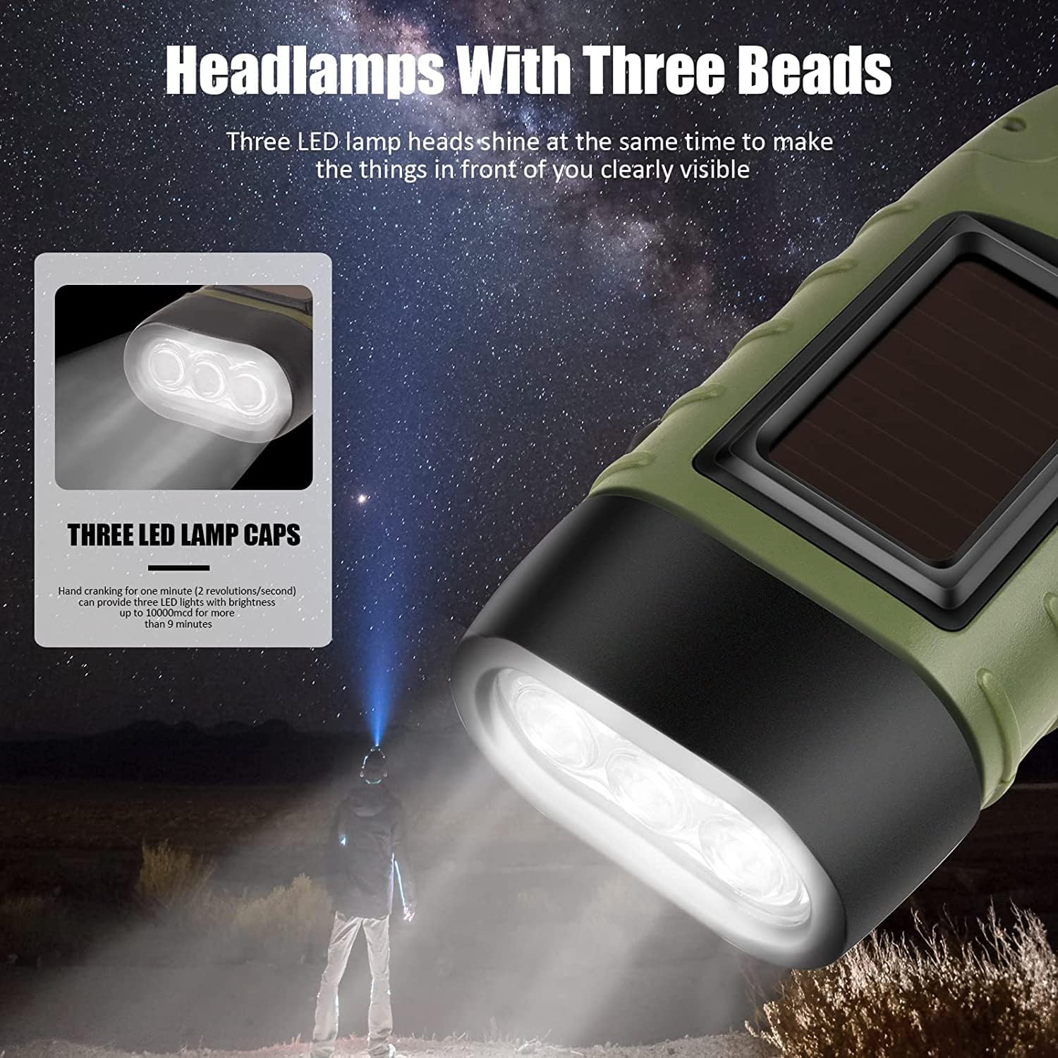Emergency Flashlight - Military Clamp Rechargeable - Dynamo & Solar Powered - For Emergency Kits and Power Outages - Dark Green