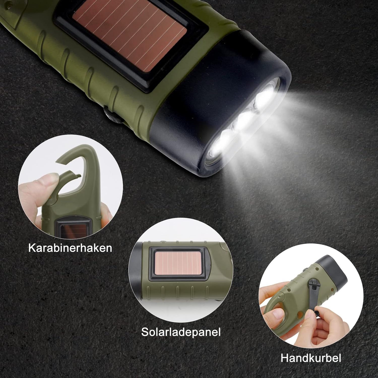 Emergency Flashlight - Military Clamp Rechargeable - Dynamo & Solar Powered - For Emergency Kits and Power Outages - Black
