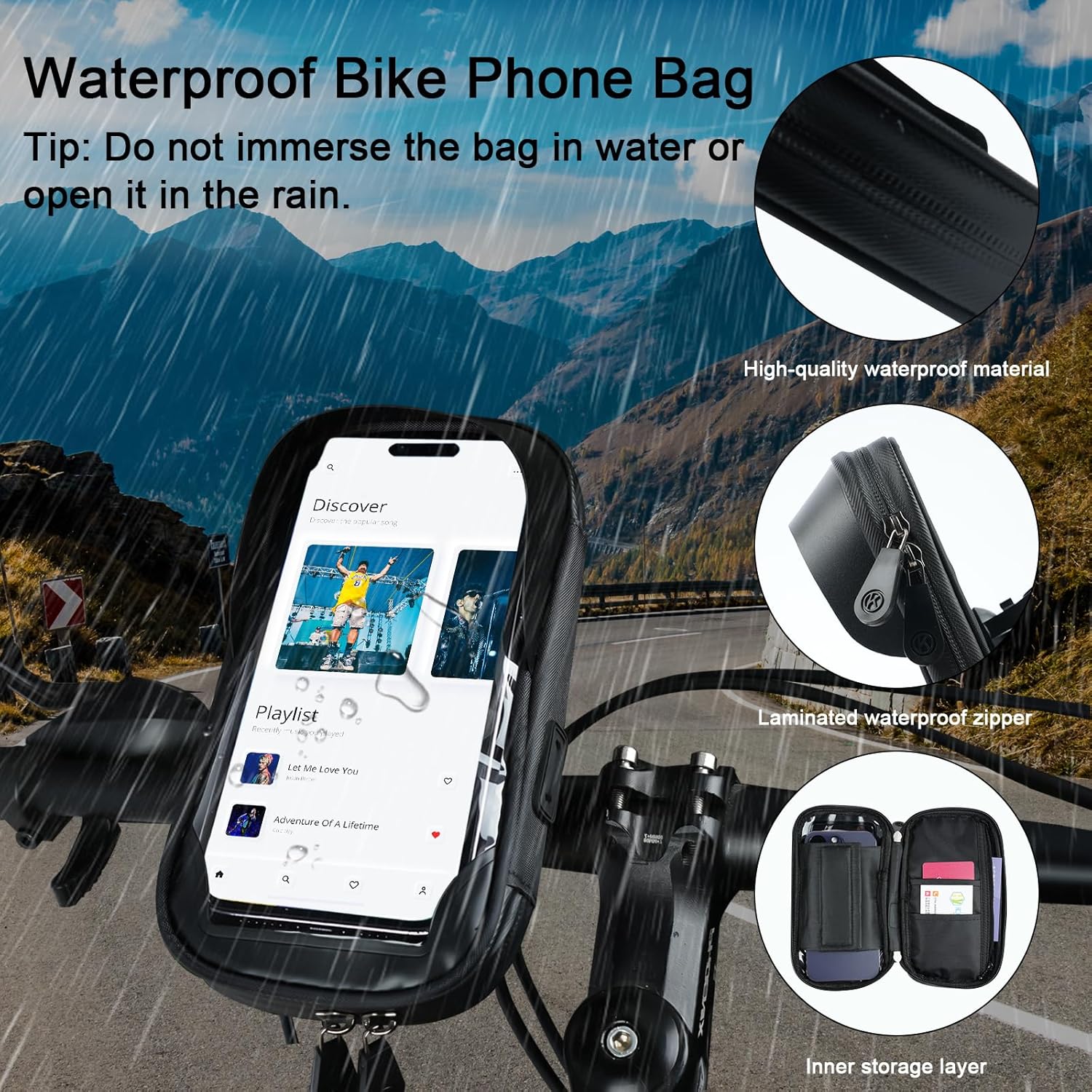 Waterproof Bike Phone Holder - Sensitive Touchscreen & Face ID - Universal Mobile Phone Holder for Motorcycle & Scooter - Black