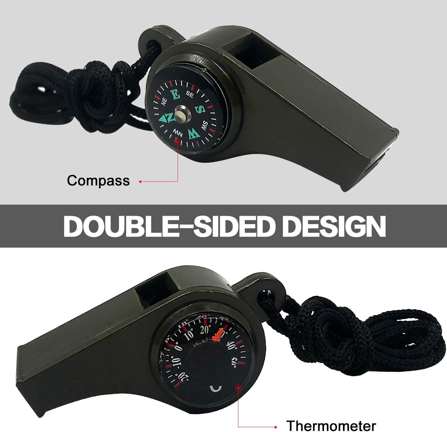 3-in-1 Emergency Whistle with Compass & Thermometer - Set of 2 - Includes Lanyard - Safety Whistle for Outdoor, Hiking & Camping - Green