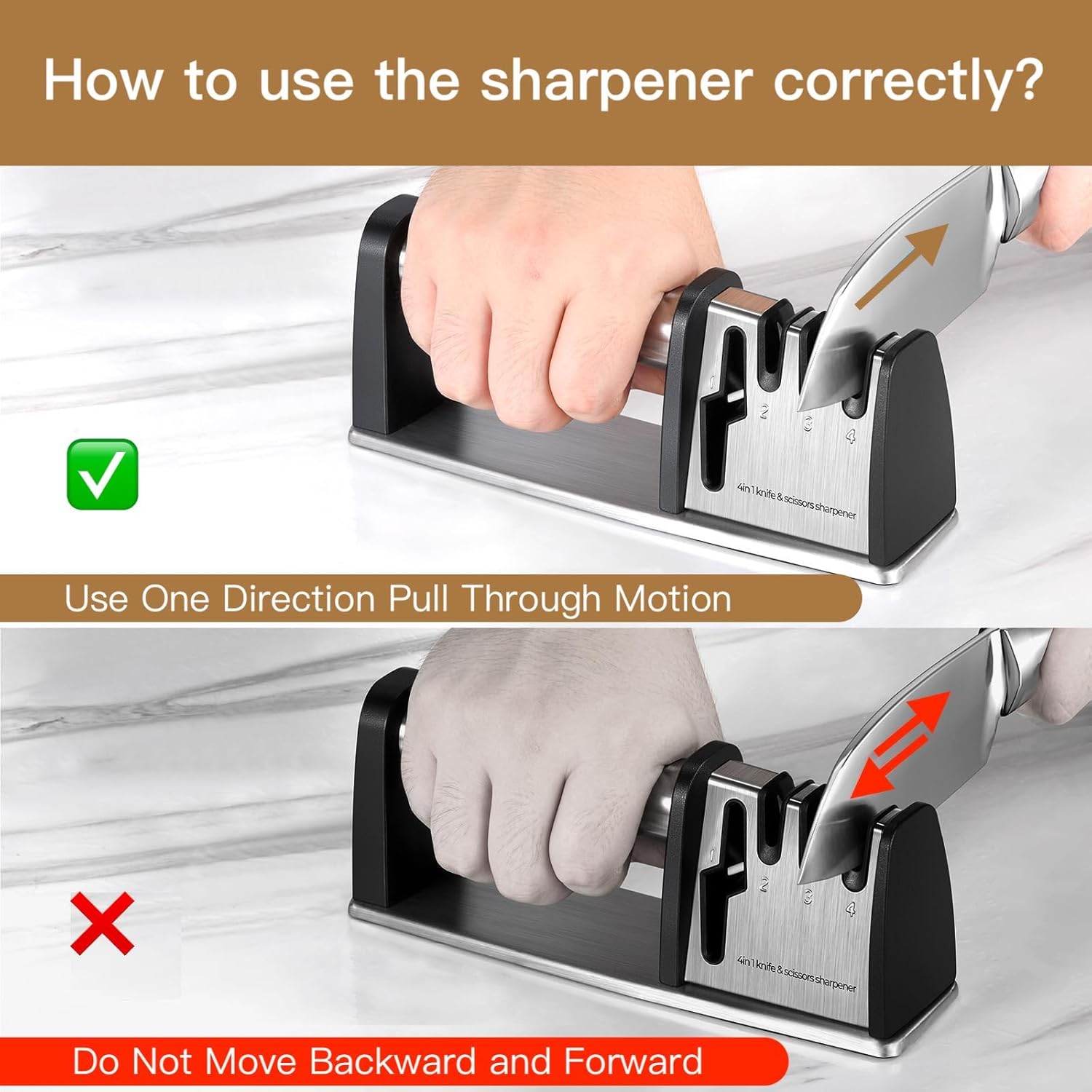 4-in-1 Knife Sharpener - With Scissor Sharpener - 3-Step Pull-Through Sharpener for Kitchen Knives - Anti-Slip & Ergonomic - Stainless Steel - Knife Sharpener