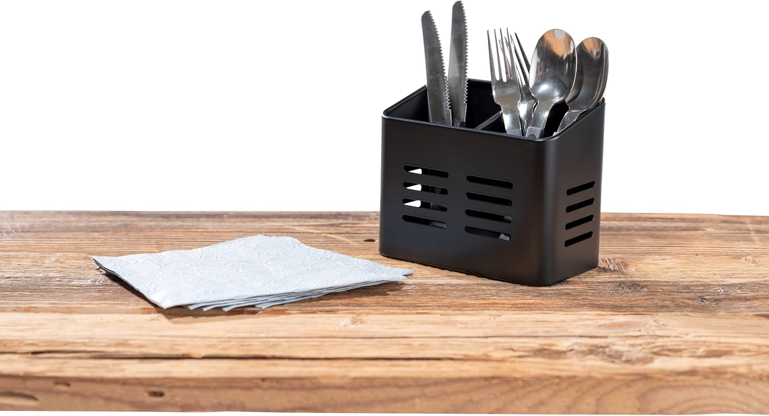 Stainless Steel Cutlery Basket Black - 430 Stainless Steel - Cutlery Holder & Drainer - With Bottom Holes - Square - 16 x 13.5 cm