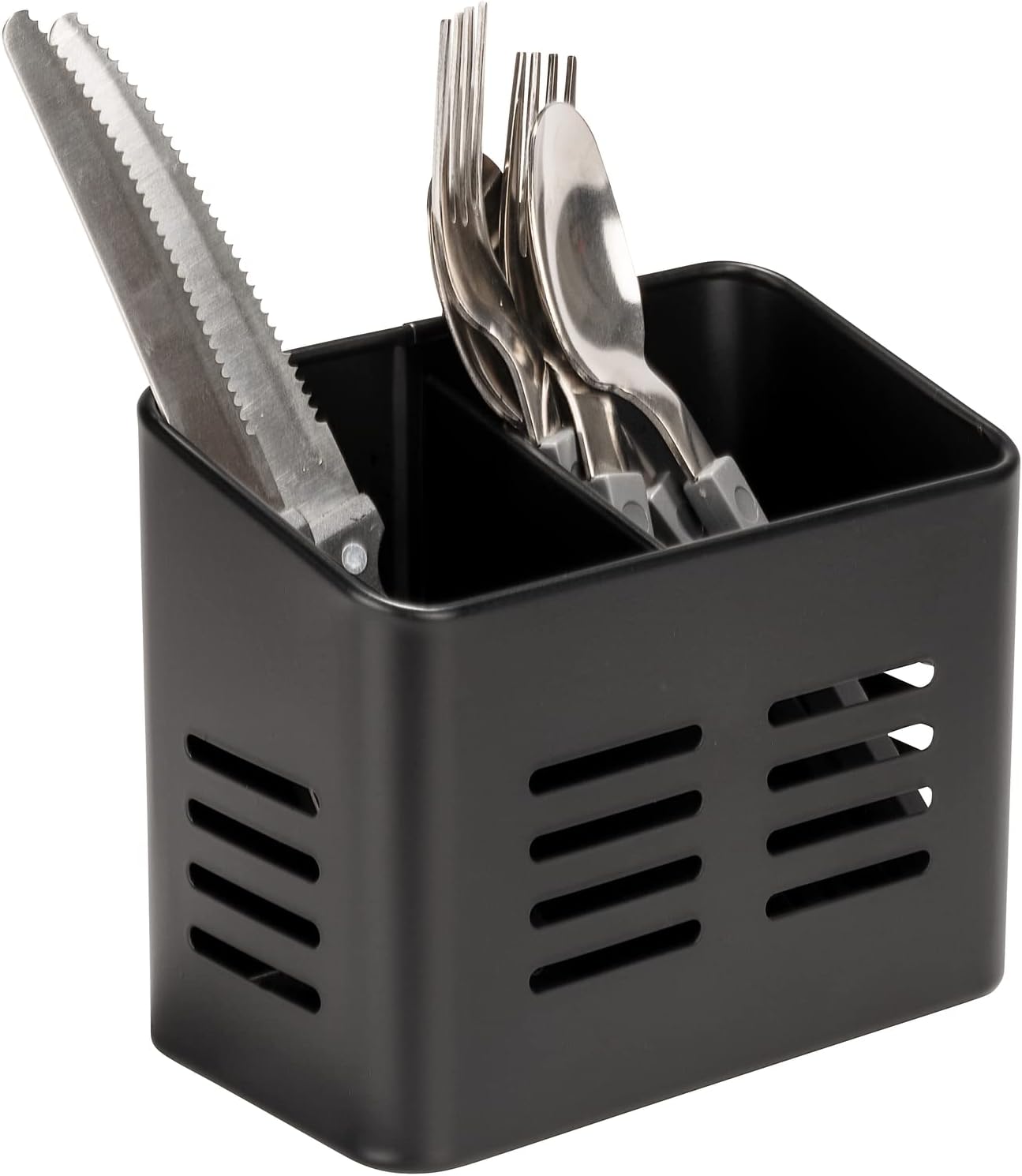 Stainless Steel Cutlery Basket Black - 430 Stainless Steel - Cutlery Holder & Drainer - With Bottom Holes - Square - 16 x 13.5 cm