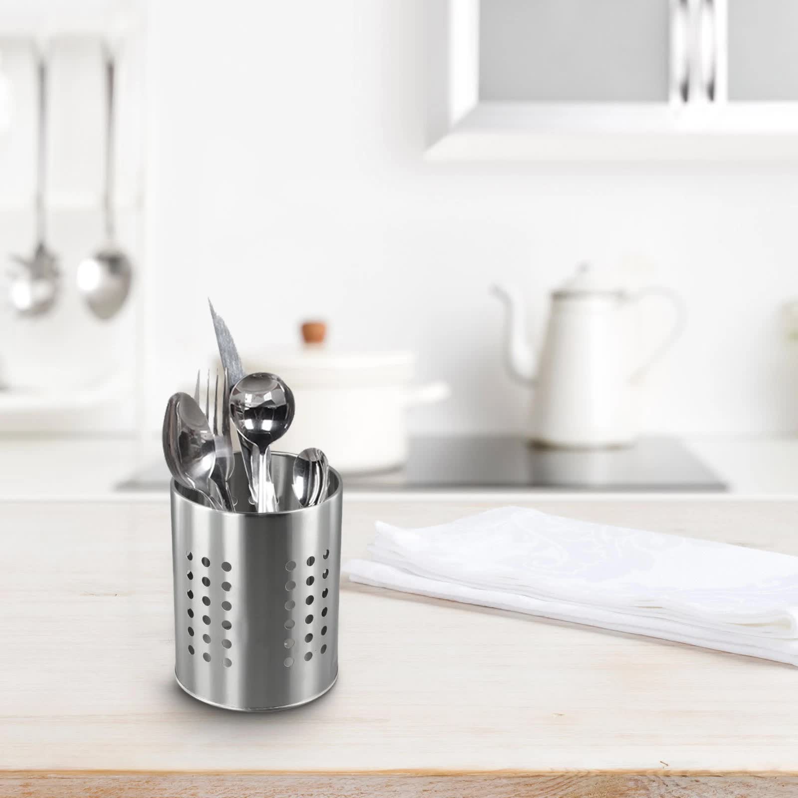 Stainless Steel Kitchen Utensil Holder Round - Spatula Holder for Countertop - 10 x 16.5 cm - Stainless Steel - Silver