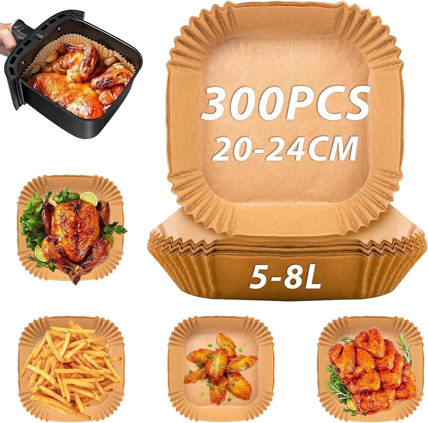 Airfryer Baking Paper XXL - Set of 300 - 20-24 cm - Disposable Inserts for Large Airfryers (5L-12L) - Oil Resistant