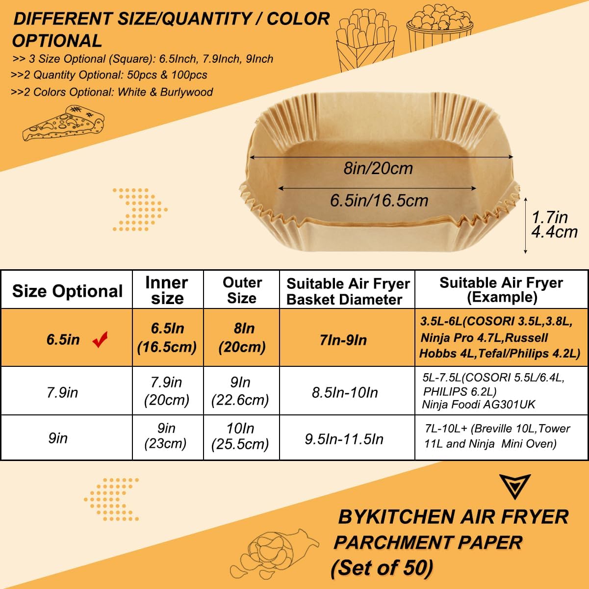 Disposable Airfryer Paper Square - Set of 50 - Brown - Greaseproof Baking Paper for Airfryer - Square Shape