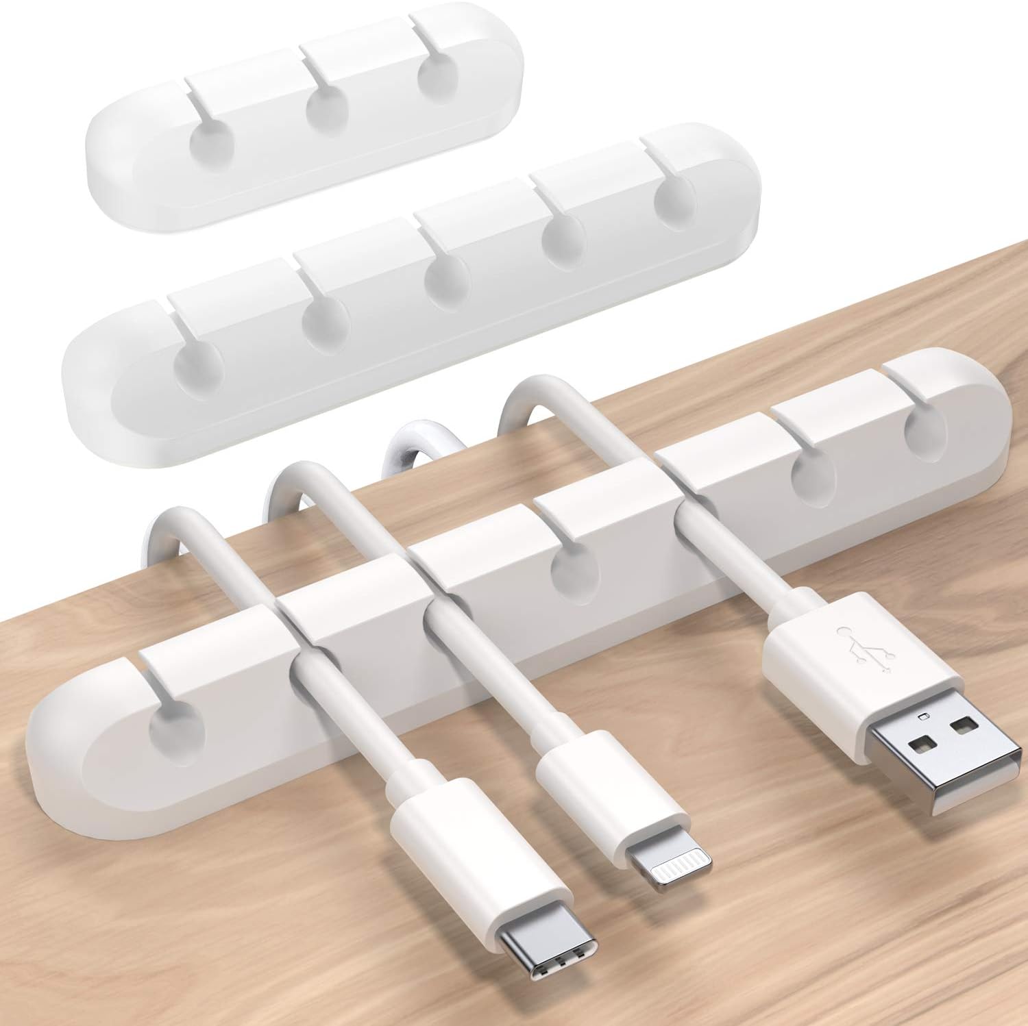 White Cable Clips - Set of 3 - Self-Adhesive Cable Holders - Cable Management for Desk & Office