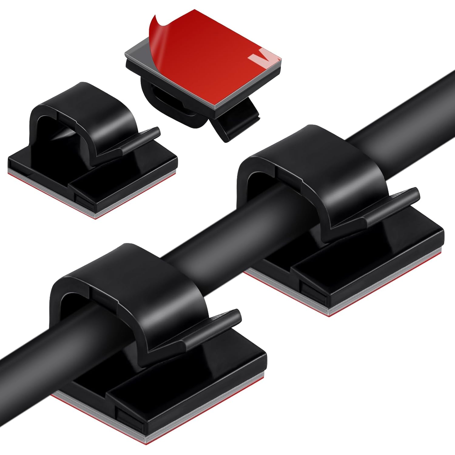 Black Cable Clips - Set of 60 - Self-Adhesive Cable Holders - Cable Management for Desk & TV - No Drilling Required