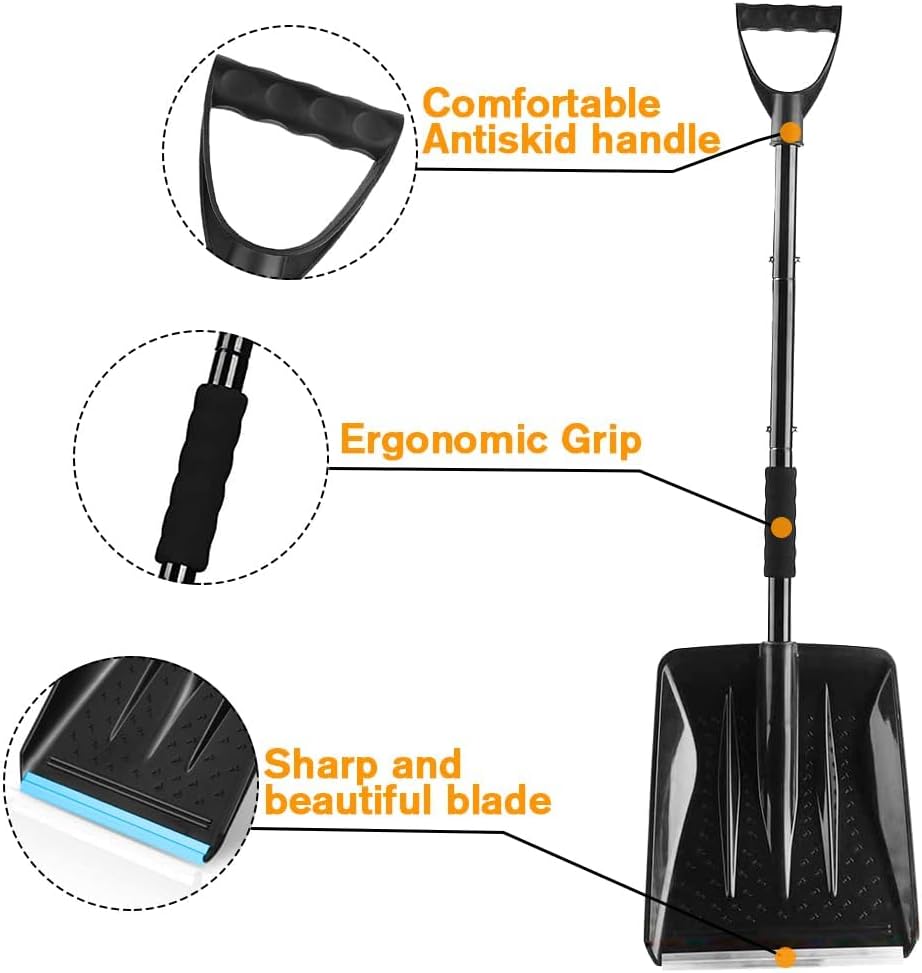 Snow Shovel - Lightweight & Portable - Snow Plow for Car, Driveway & Camping - Black