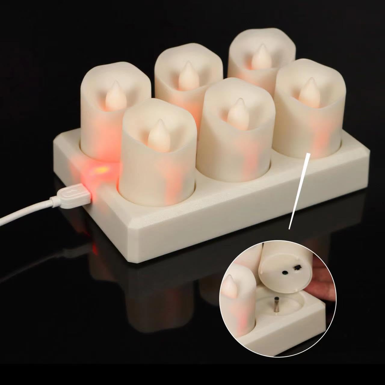 Rechargeable Tea Lights (6 Pieces) - With Charging Station and Timer - Flickering Flame - LED Candles for Parties & Decoration - White