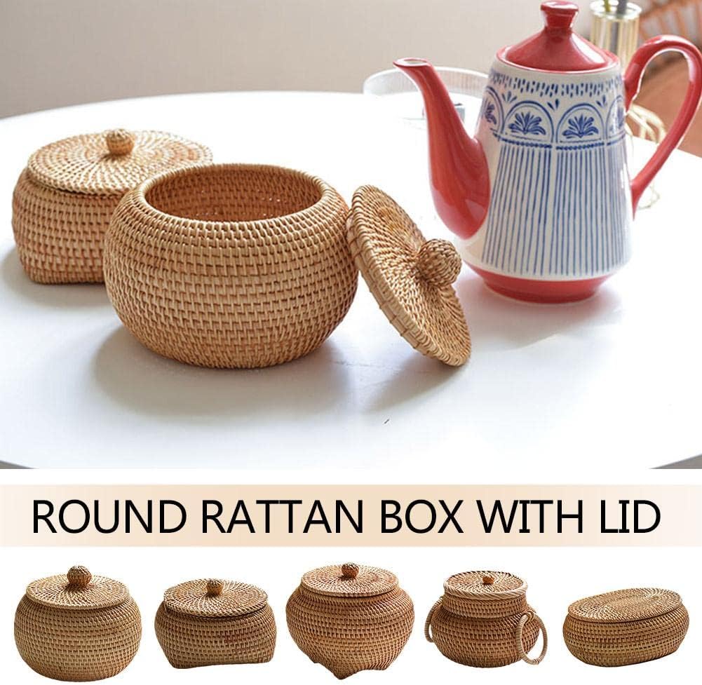Tea Box - Rattan Storage Box - Hand-woven Storage Box with Lid - Multifunctional Desk Storage Basket - Suitable for home, farmhouse, kitchen, bathroom, picnic, storing food, bread, fruits and other tableware.