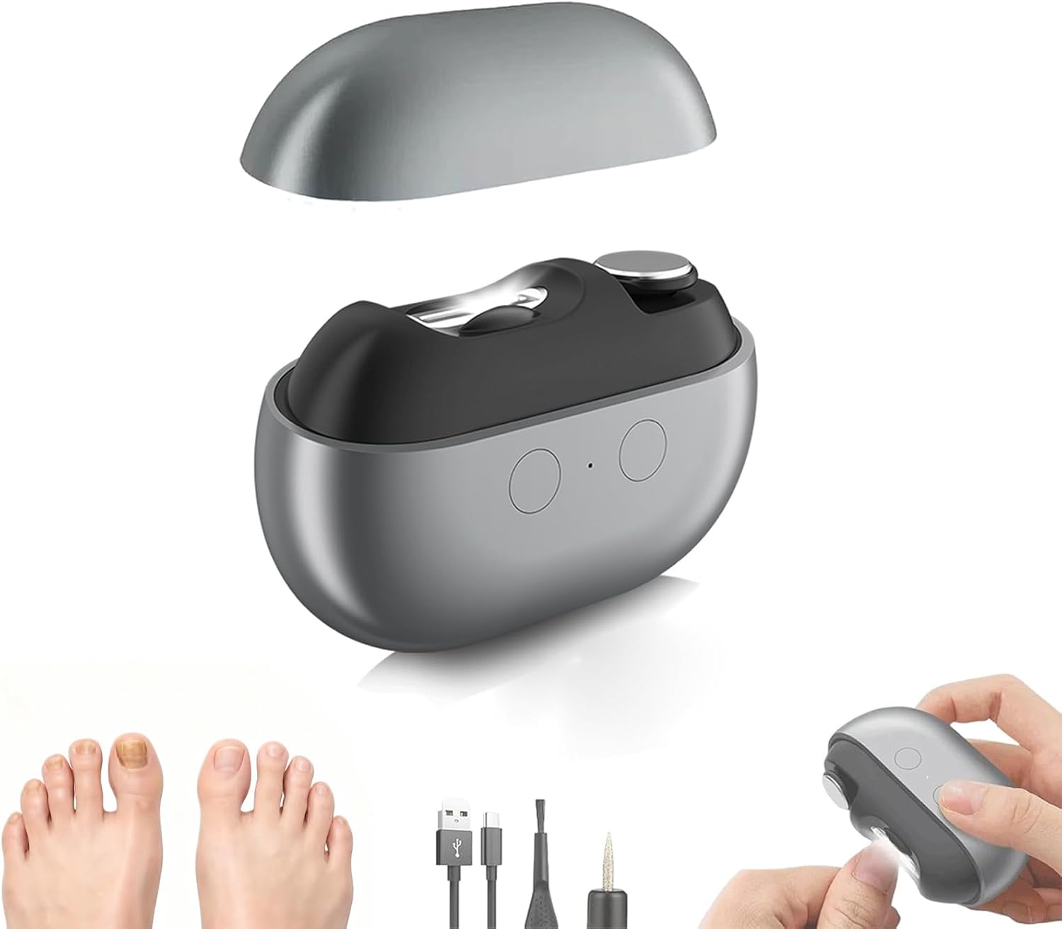 Nail Clipper - Simple Nail Clipper - Electric Nail Clipper for Seniors - Electric Toenail Clipper for Thick Nails - Nail Care Tool with LED Lights - Designed for People with Limited Mobility - Gray