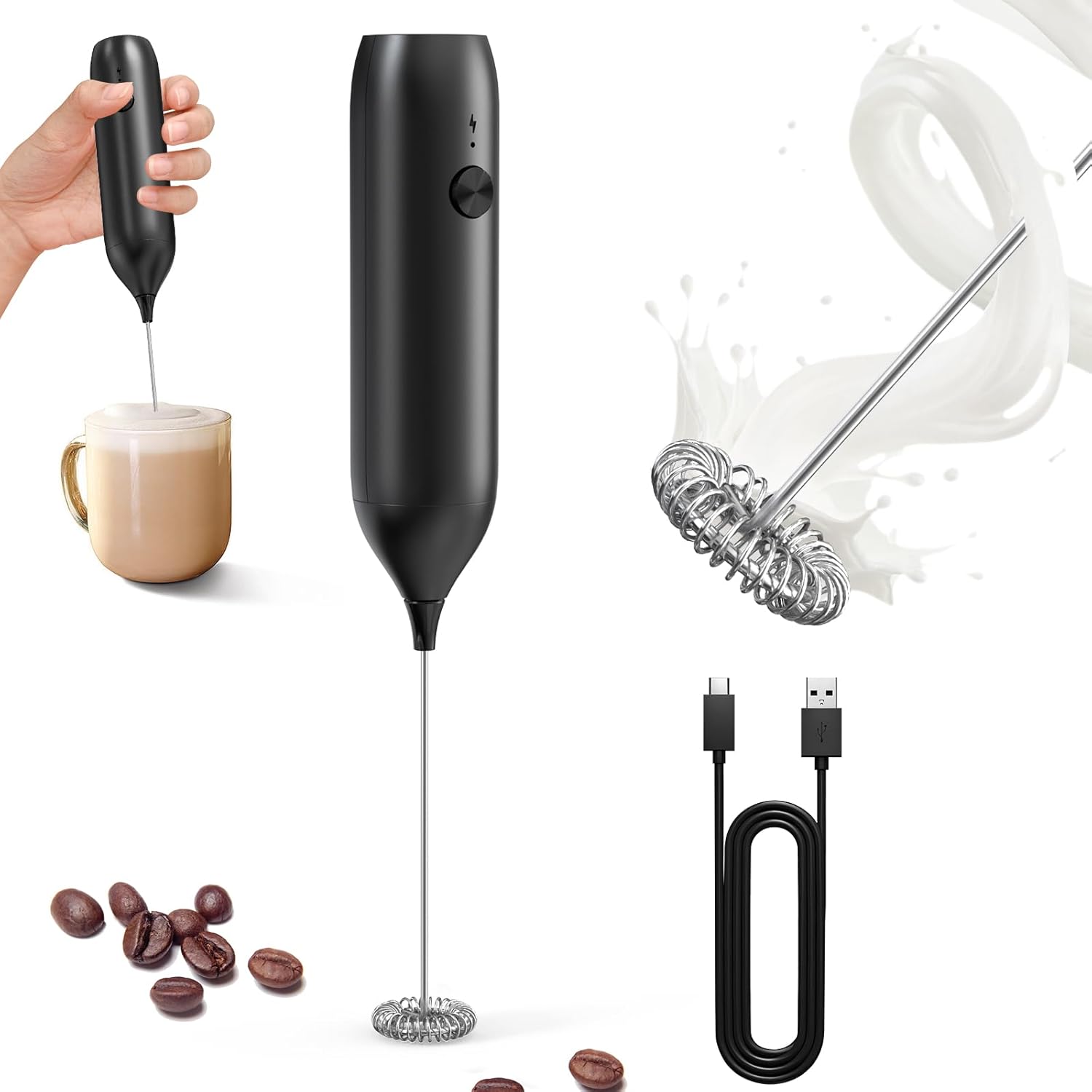 Milk Frother - Electric Hand Milk Frother - Rechargeable Mini Beverage Blender - Hand Milk Frother - With Stainless Steel Blender - Suitable for Milk, Coffee, Latte, Matcha, Black