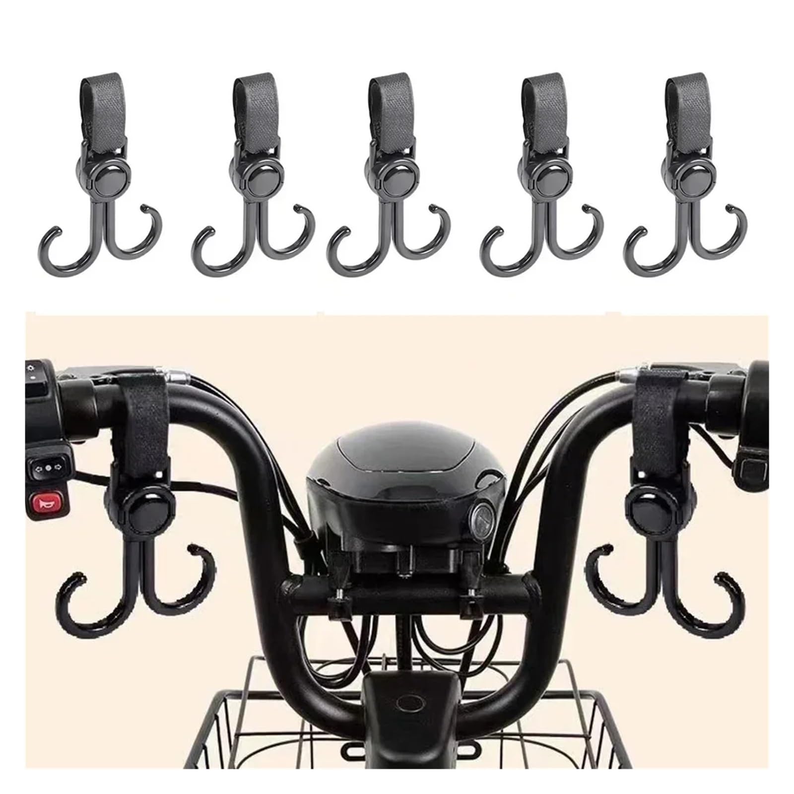 Stroller Hooks - Buggy Hooks - Bag Hooks - Diaper Bag Hooks - Walker Hooks - Stroller Accessories - Mounting Clips - Shopping Hook - Universal Velcro - 360 Degree Rotatable - Black - 4 Pieces