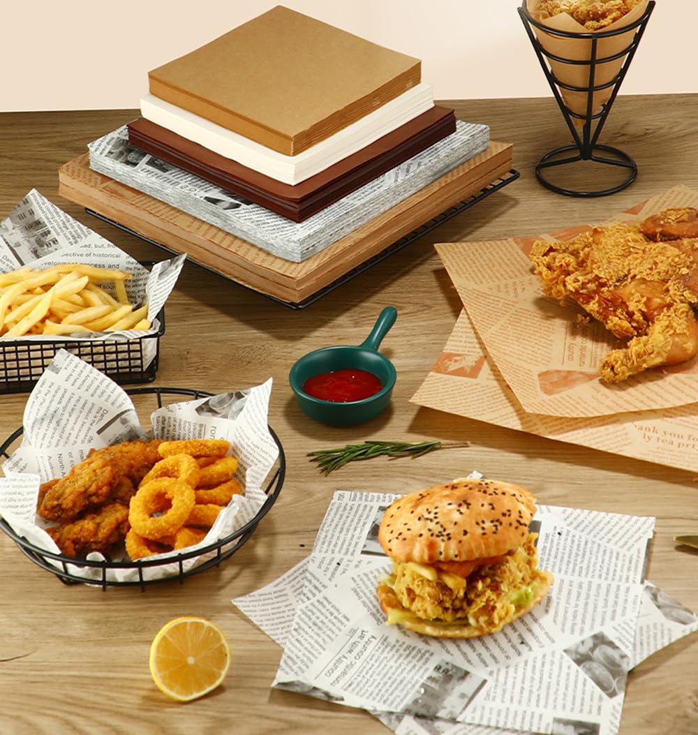 Greaseproof Paper - Hamburger Paper - Baking Paper - Snack Paper - Wrapping Paper - French Fries Paper - Serving Paper - Sandwich Paper - Food Paper - Oil Absorbent - Wrapping Paper Food - French Fries Paper - Kitchen Accessories - Newspaper Print - 100 P