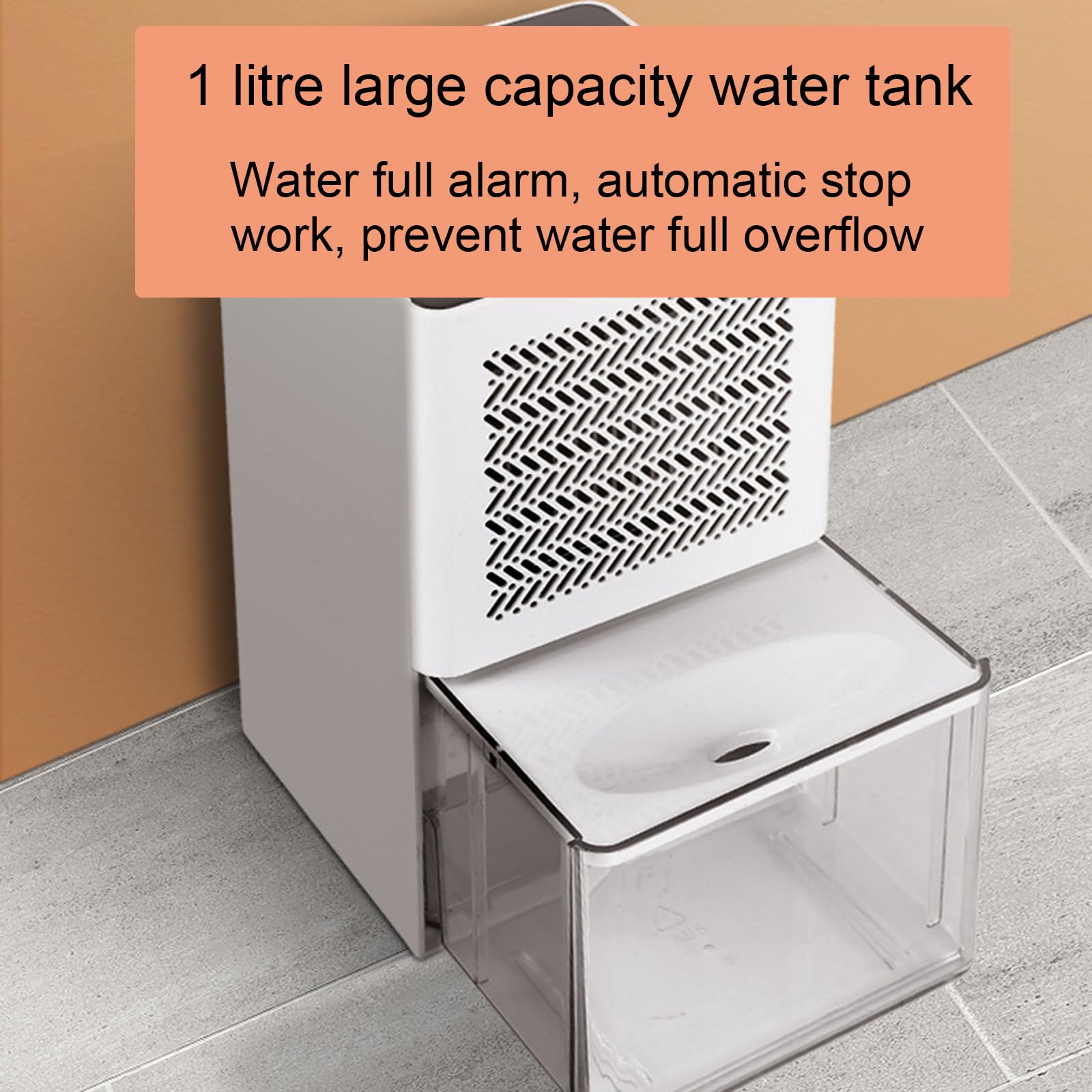 Dehumidifier - has a transparent 1-liter water tank, is quiet in use, and has an automatic shut-off function. It is suitable for indoor spaces such as basements, bathrooms, campers, and wardrobes.