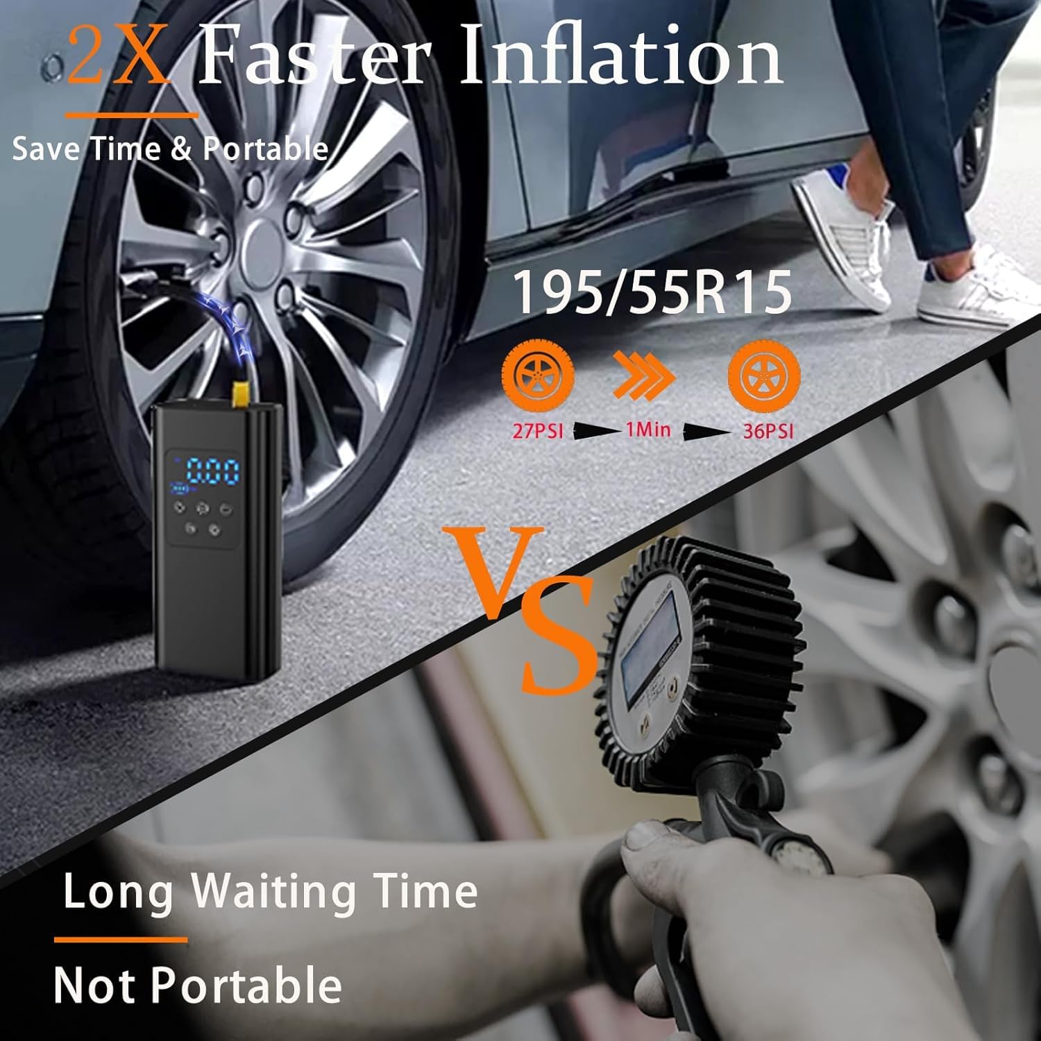 Bicycle pump - Portable digital air pump for cars, handy and wirelessly rechargeable, suitable for motorcycles, bicycles, boats and car tires.