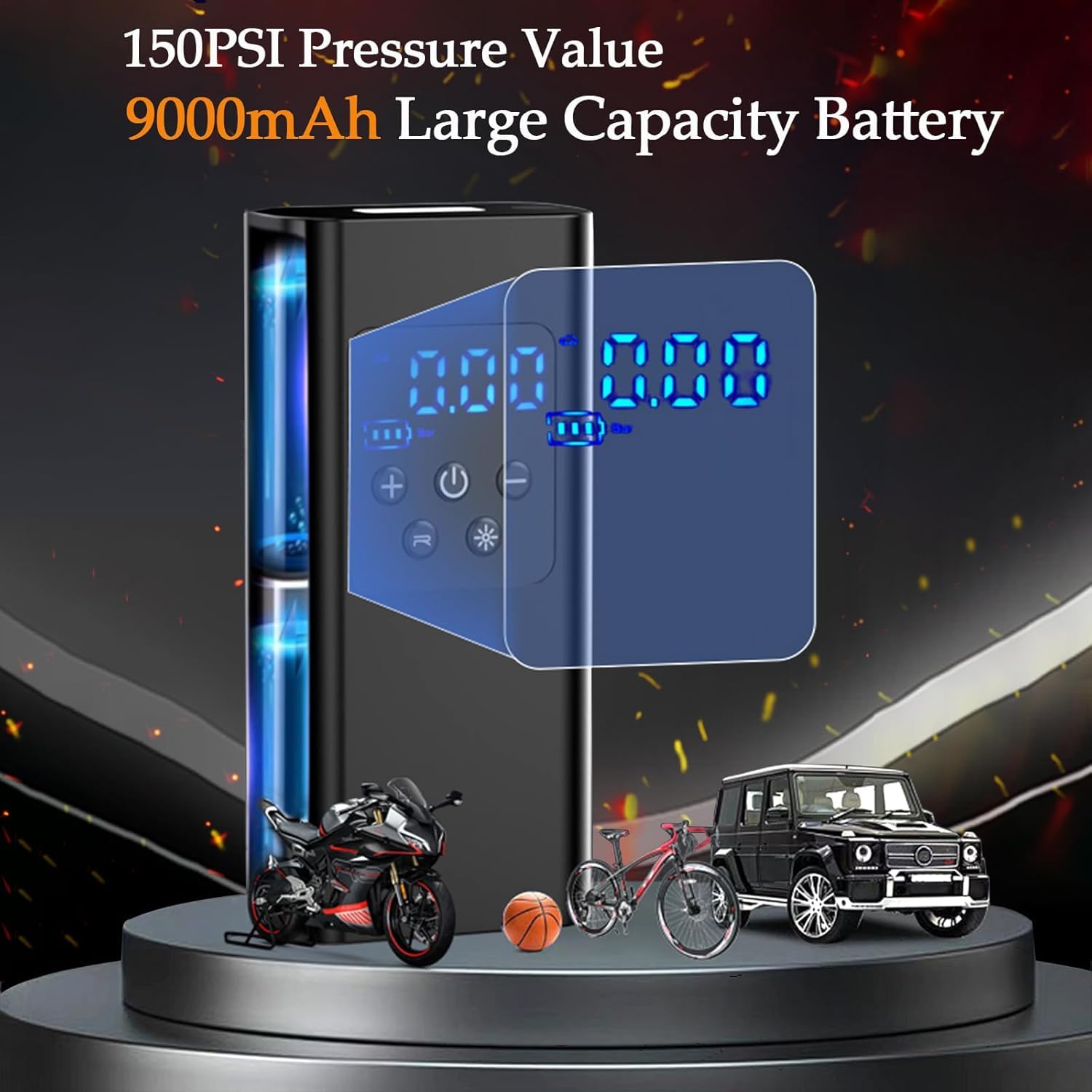 Bicycle pump - Portable digital air pump for cars, handy and wirelessly rechargeable, suitable for motorcycles, bicycles, boats and car tires.