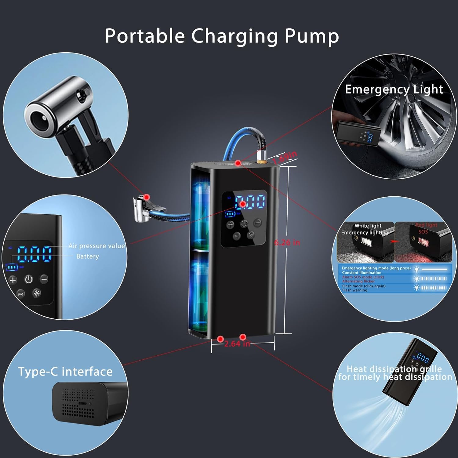 Bicycle pump - Portable digital air pump for cars, handy and wirelessly rechargeable, suitable for motorcycles, bicycles, boats and car tires.