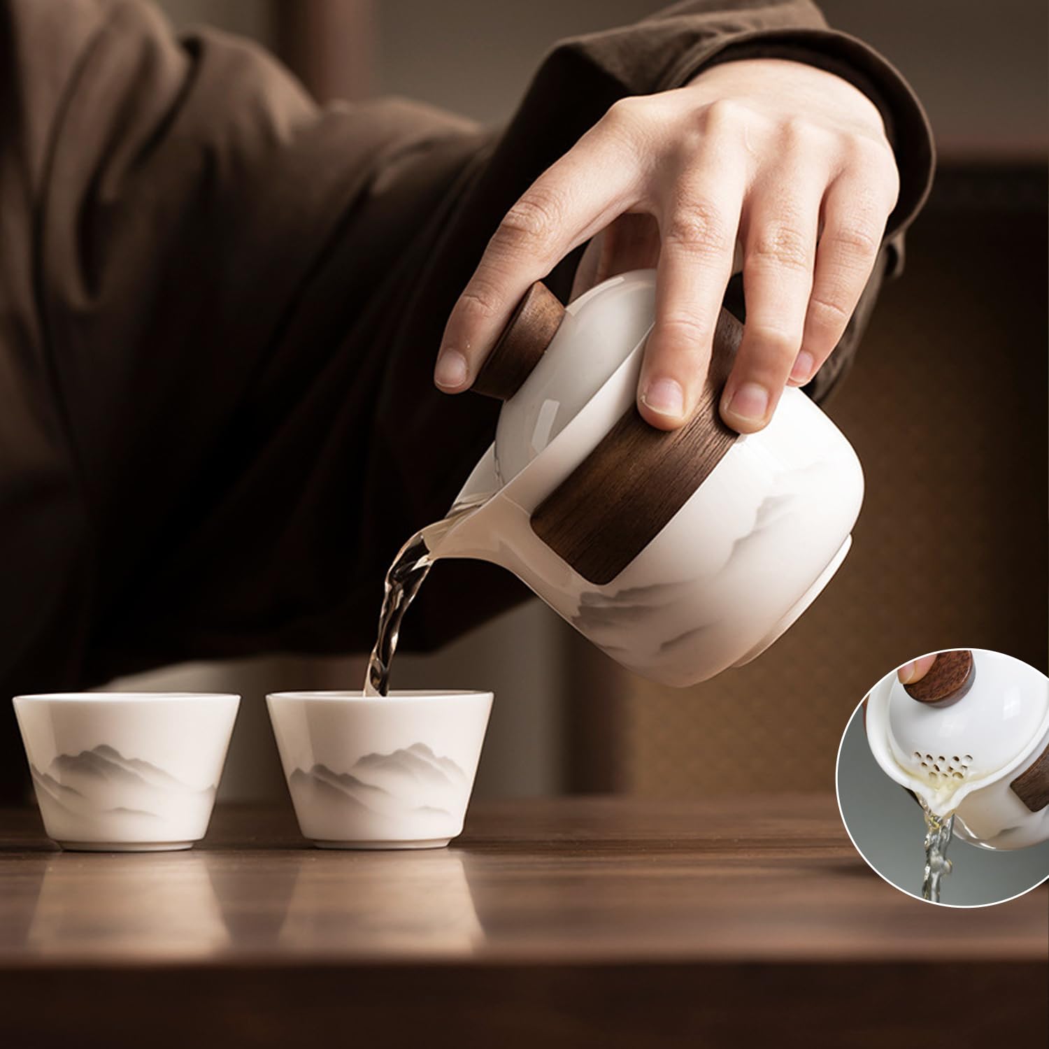 Travel Tea Set - Tea Set - Teapot - Teacups - Ceramic - Kung Fu - Camping - Outdoor - Travel - Including Travel Bag - 4 Pieces - Gift - White