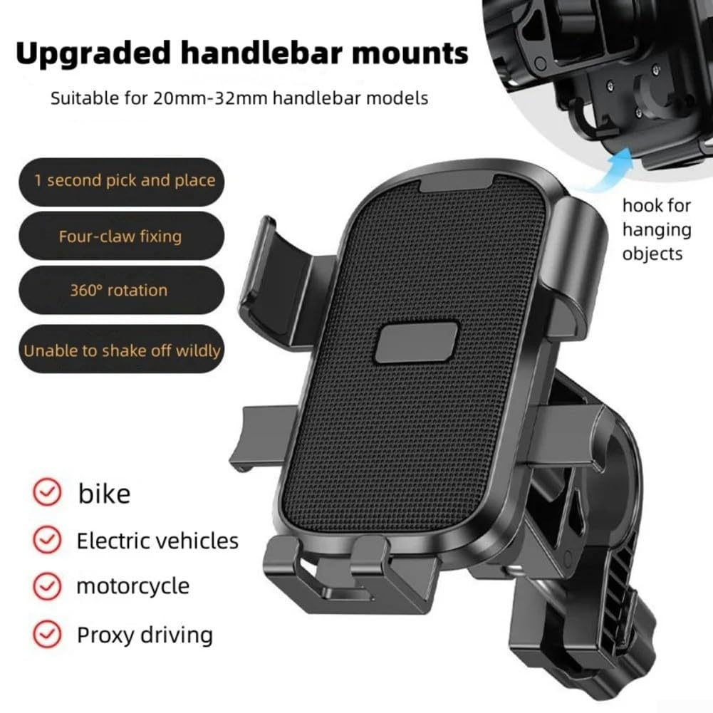 Bicycle Phone Holder - Universal - Shock and Vibration Protection - Bicycle/Motorcycle/Scooter/ATV - Phone Stand - Smartphone Holder - 360 Degree Rotatable - Black