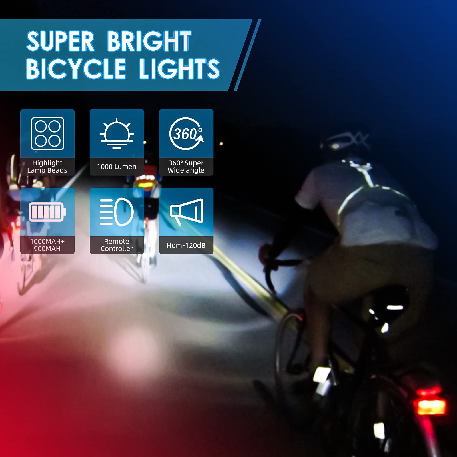 Bicycle Lighting Set - Bicycle Headlight - Rear Light with Turn Signal - USB Rechargeable - Bicycle Lights - LED Lighting - Flashing Light - Waterproof - Wireless Remote Control - MTB Accessories - Road Bike - City Bike - Black - 1 Piece