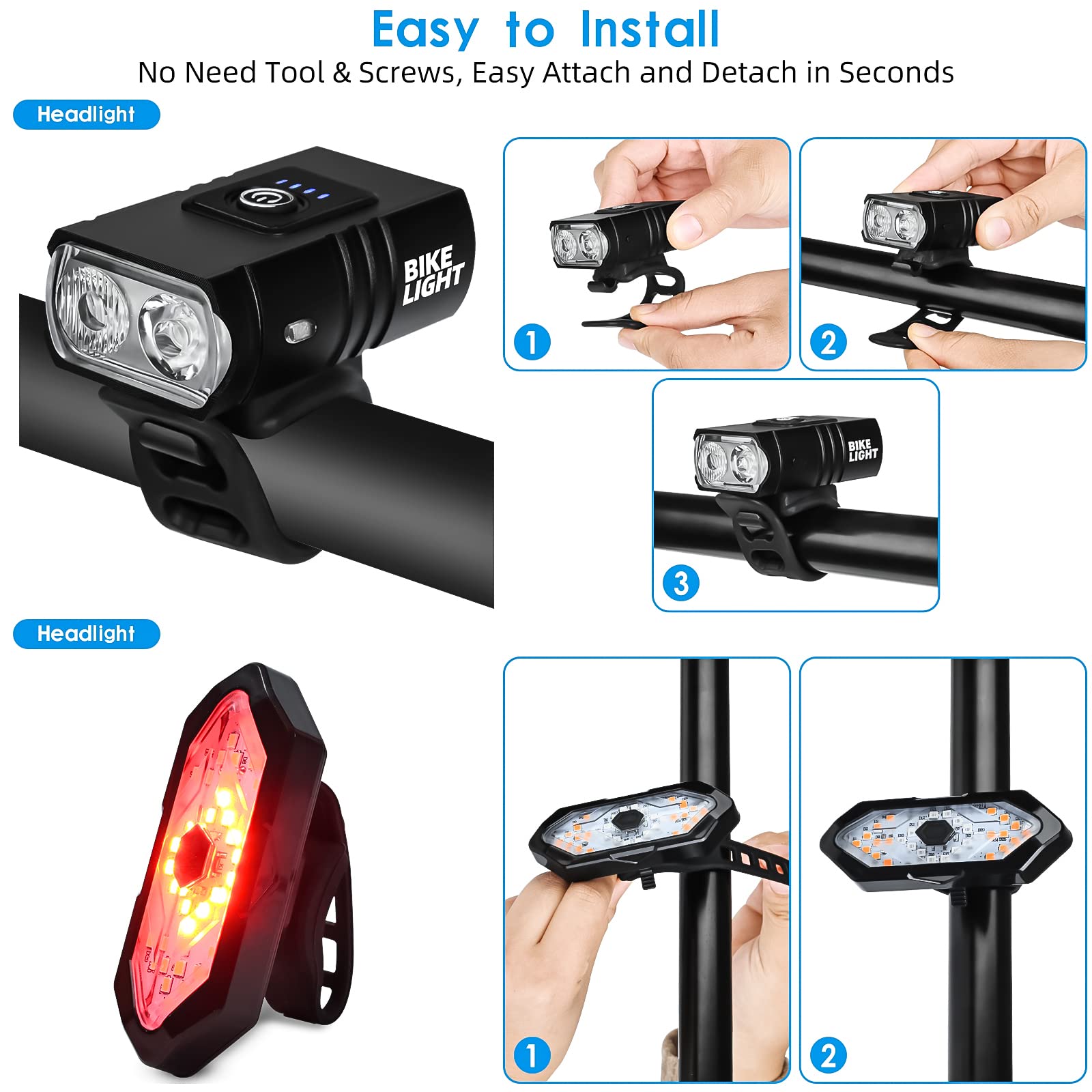 Bicycle Lighting Set - Bicycle Headlight - Rear Light with Turn Signal - USB Rechargeable - Bicycle Lights - LED Lighting - Flashing Light - Waterproof - Wireless Remote Control - MTB Accessories - Road Bike - City Bike - Black - 1 Piece