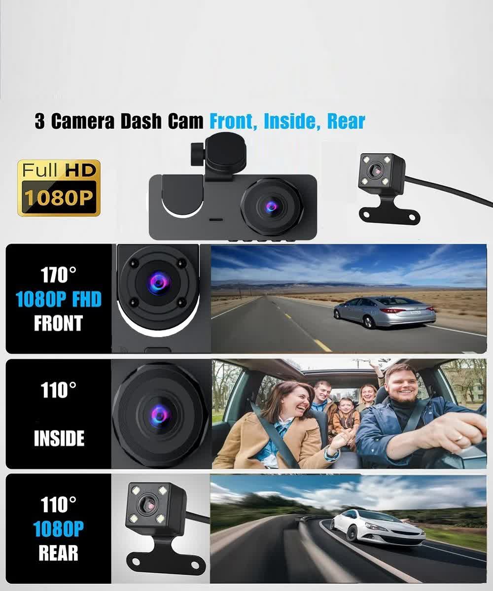 Car Dashcam - 120-degree viewing angle - Night vision - Full HD video - Super compact - Parking mode - Loop recording - Collision detection - Rear view camera - 3.0-inch TNT screen - Car Dashcam