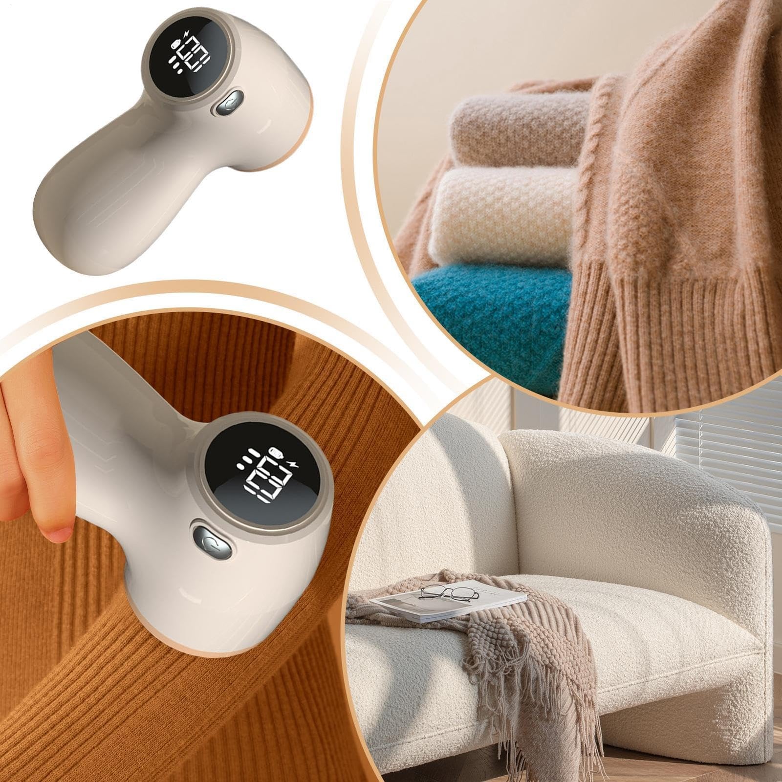 Lint Remover - Lint Trimmer - Lint Remover - Electric Lint Remover - Clothes Roller - Lint Brush - Rechargeable - LED Display - Cordless - Clothes Shaving - Lint Removal - Wool Comb - Beige - 1 Piece