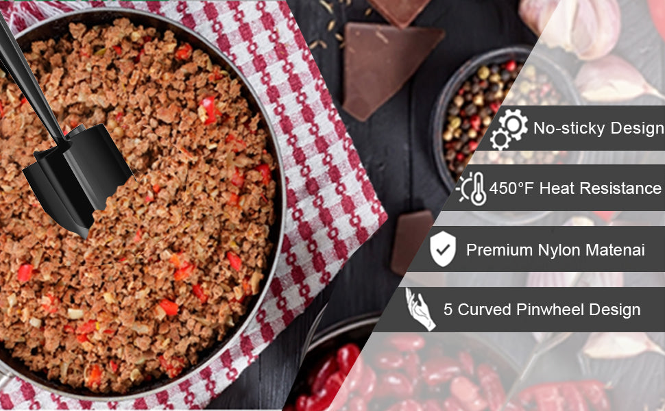 Minced Meat Ruller - Potato Masher - Meat Masher - Mashed Potatoes - Meat Chopper - Kitchen Utensils - Vegetable Masher - Hamburger Chopper - Mashed Potato Masher - Kitchen Tools - Meat Chopper - Heat Resistant - Spatula - Black - 1 Piece