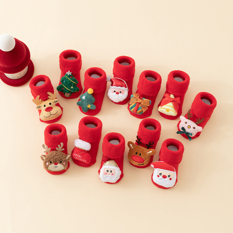 Baby Christmas Socks - Non-Slip Baby Socks - Warm House Socks - First Christmas - Santa Claus - Reindeer - Christmas Tree - Christmas Boots - Winter Booties - Maternity Gift - Christmas Clothes - Cotton Socks - Non-Slip Sole - Christmas Gift - Red Mix - 6