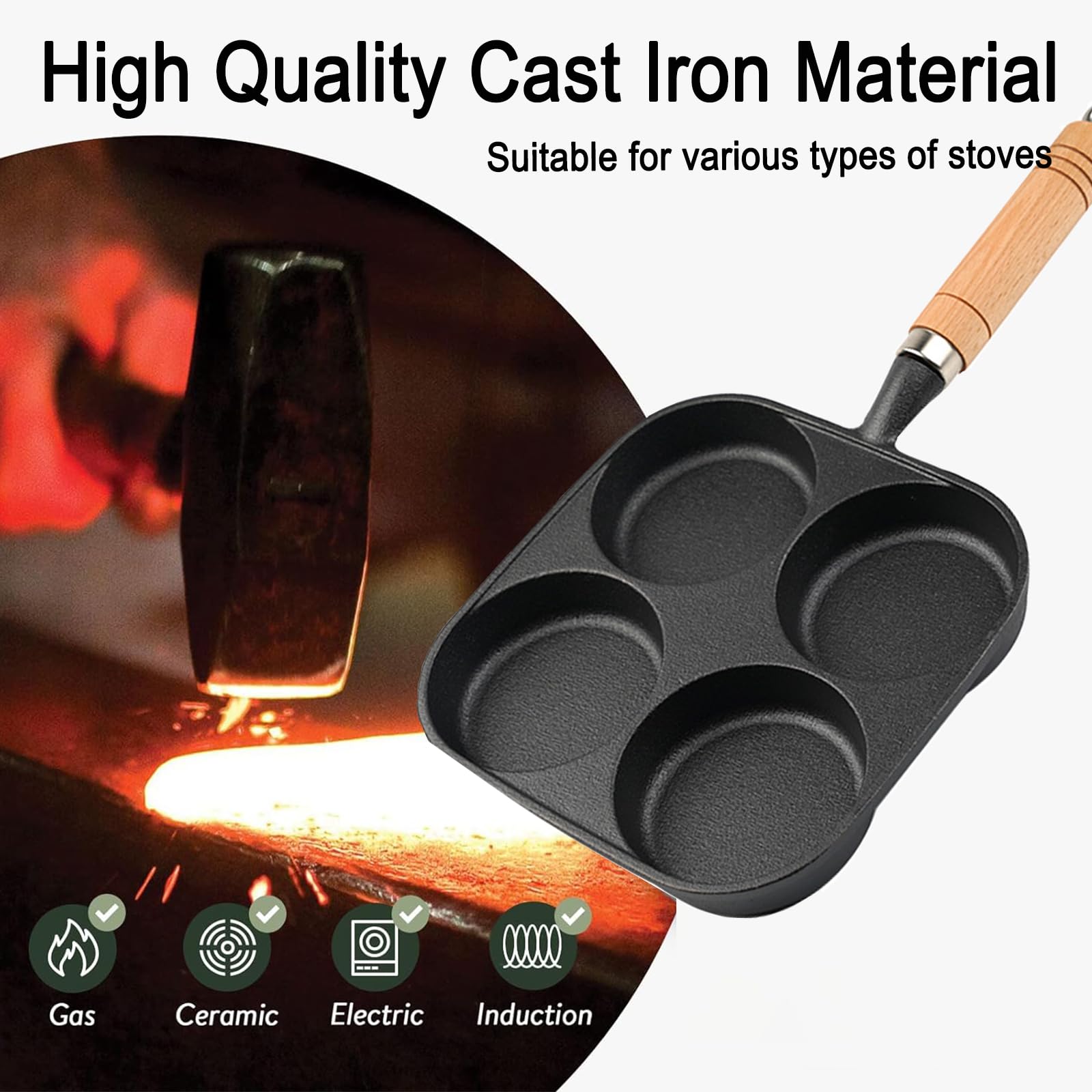 Egg Pan - Poffertjes Pan - Frying Pan - Pancake Pan - Hamburger Pan - 4 Hole Frying Pan - Fried Egg Pan - Induction - Non-Stick Coating - Omelet Pan - American Pancakes - Kitchen Utensils - Compartment Pan - Black - 1 Piece