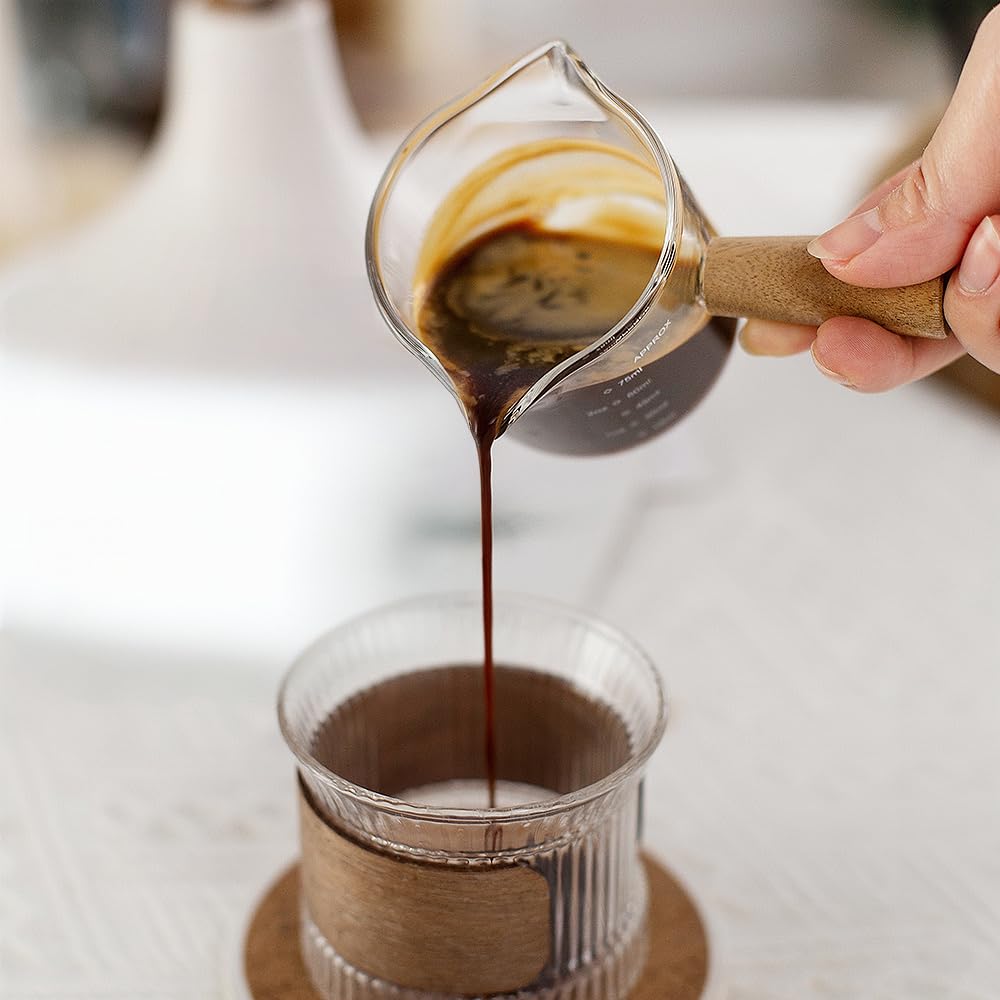 Espresso Measuring Cup - Shot Glass - Milk Jug - Coffee Accessories - Barista Tools - Measuring Cup Glass - Espresso Glasses - Sauce Jug - Measuring Glass - Mini Measuring Cup - Double Spout - Heat Resistant - Wooden Handle - Transparent - 2 Pieces