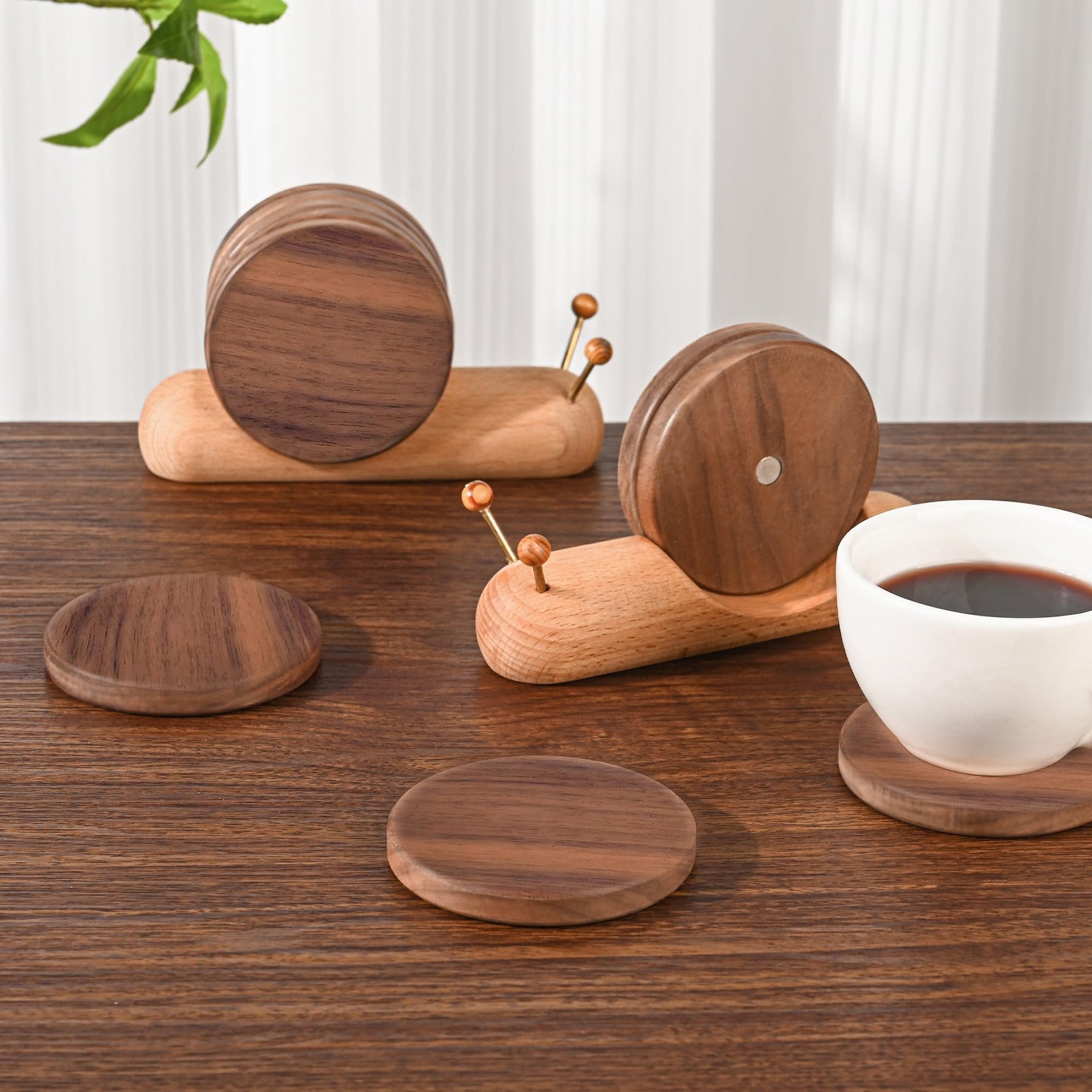 Wooden Coasters - Glass Coasters - Coasters - Coasters with Holder - Table Decoration - Snail - Home Accessories - Glass Coasters - Wooden Decoration - Kitchen Accessories - Design Coasters - Home Gift - Brown - 5 Pieces