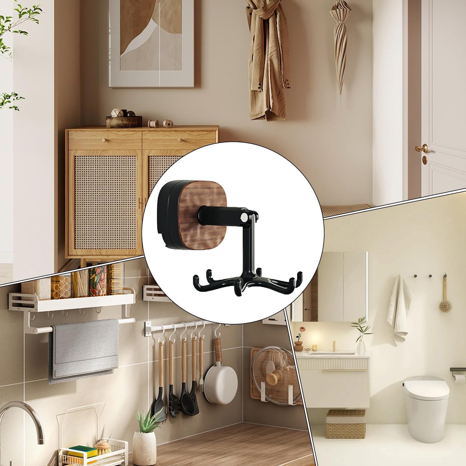 Rotating Kitchen Rack - Utensil Holder - Self-Adhesive Wall Hook - Kitchen Organizer - Rotating Hooks - Adhesive Hook No Drilling - Spatula Rack - Towel Hook - Mug Holder - Kitchen Cabinet Hanging System - Bathroom Hook - Black - 1 Piece