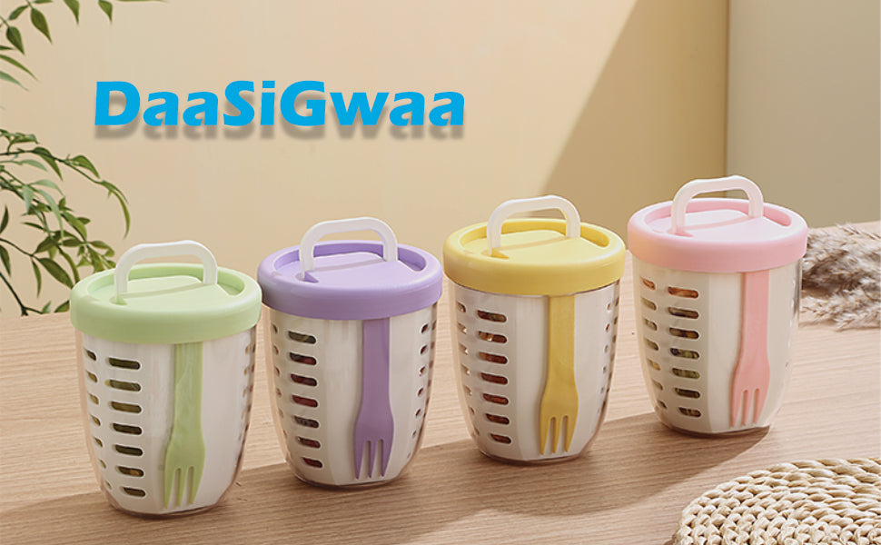 Fruit bowl to go - Lunch cup with fork - Yogurt cup - Salad cup - Storage container with colander - Snack box - School cup - Fruit pot - Take-away cup - On the road - Picnic - Kitchen accessories - Yellow - 1 piece