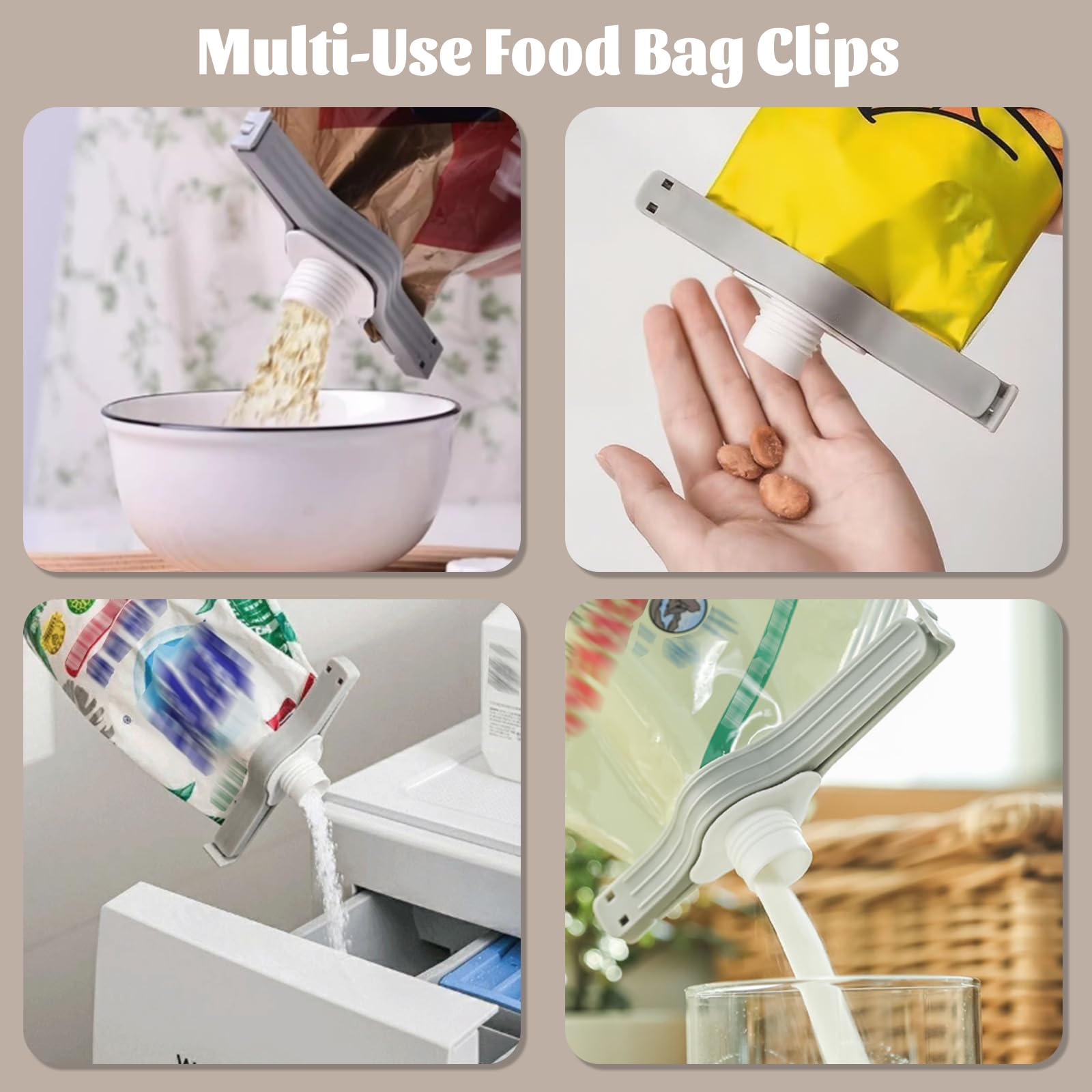 Spout Clips - Food Clips - Bag Closers - Kitchen Accessories - Bag Clips - Food Keepers - Clip with Cap - Airtight Storage - Coffee Clip - Pantry Organizer - Dosing Aid - Gray - Pack of 4