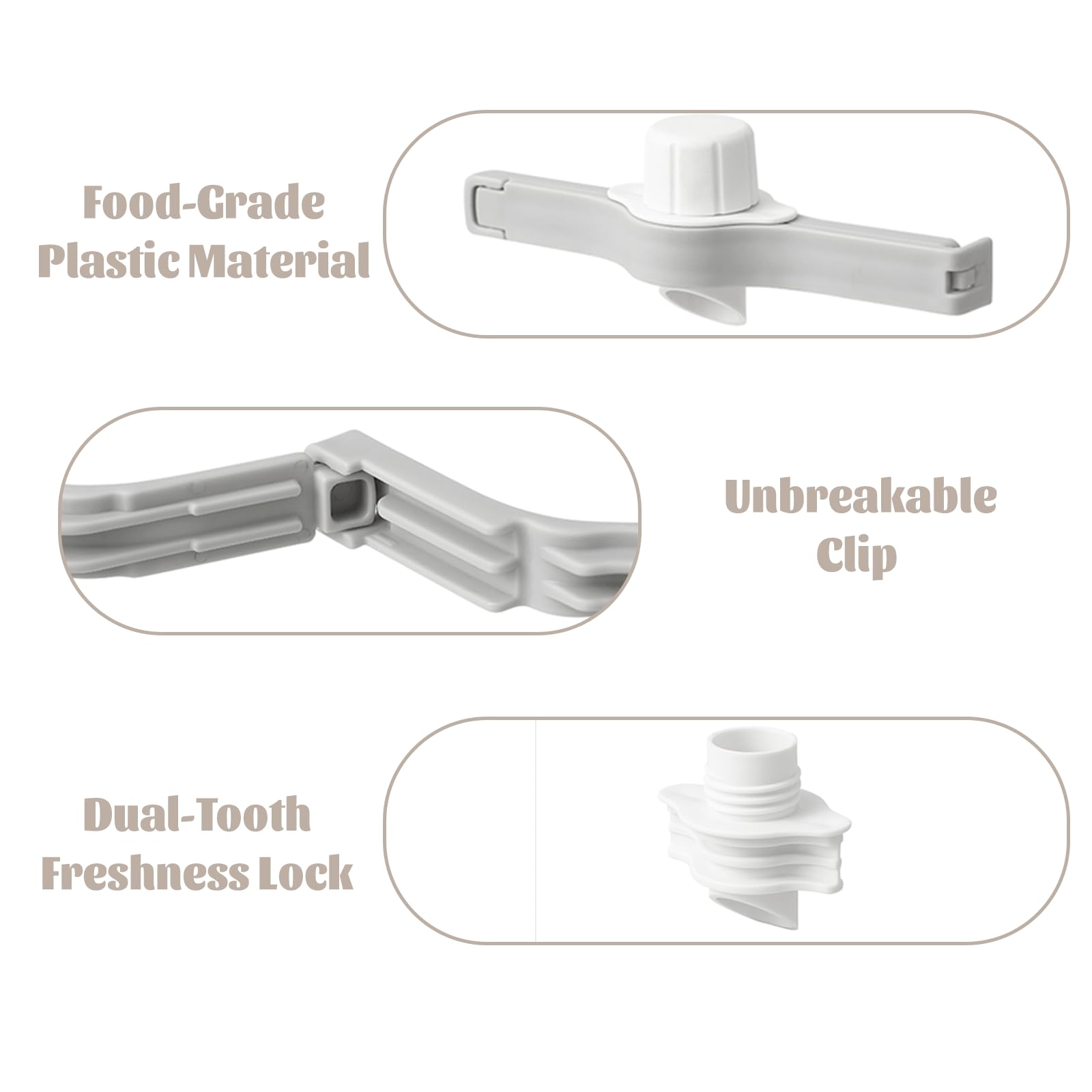 Spout Clips - Food Clips - Bag Closers - Kitchen Accessories - Bag Clips - Food Keepers - Clip with Cap - Airtight Storage - Coffee Clip - Pantry Organizer - Dosing Aid - Gray - Pack of 4