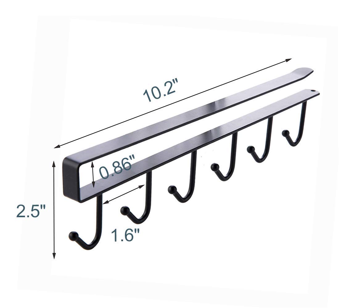 Mug Holder - Hanging Kitchen Rack - Kitchen Organizer - No Drilling Required - Utensil Holder - Cupboard Organizer - Cup Holder - Spatula Holder - Storage Rack - Wardrobe Accessories - Space Saving - Black - 2 Pieces
