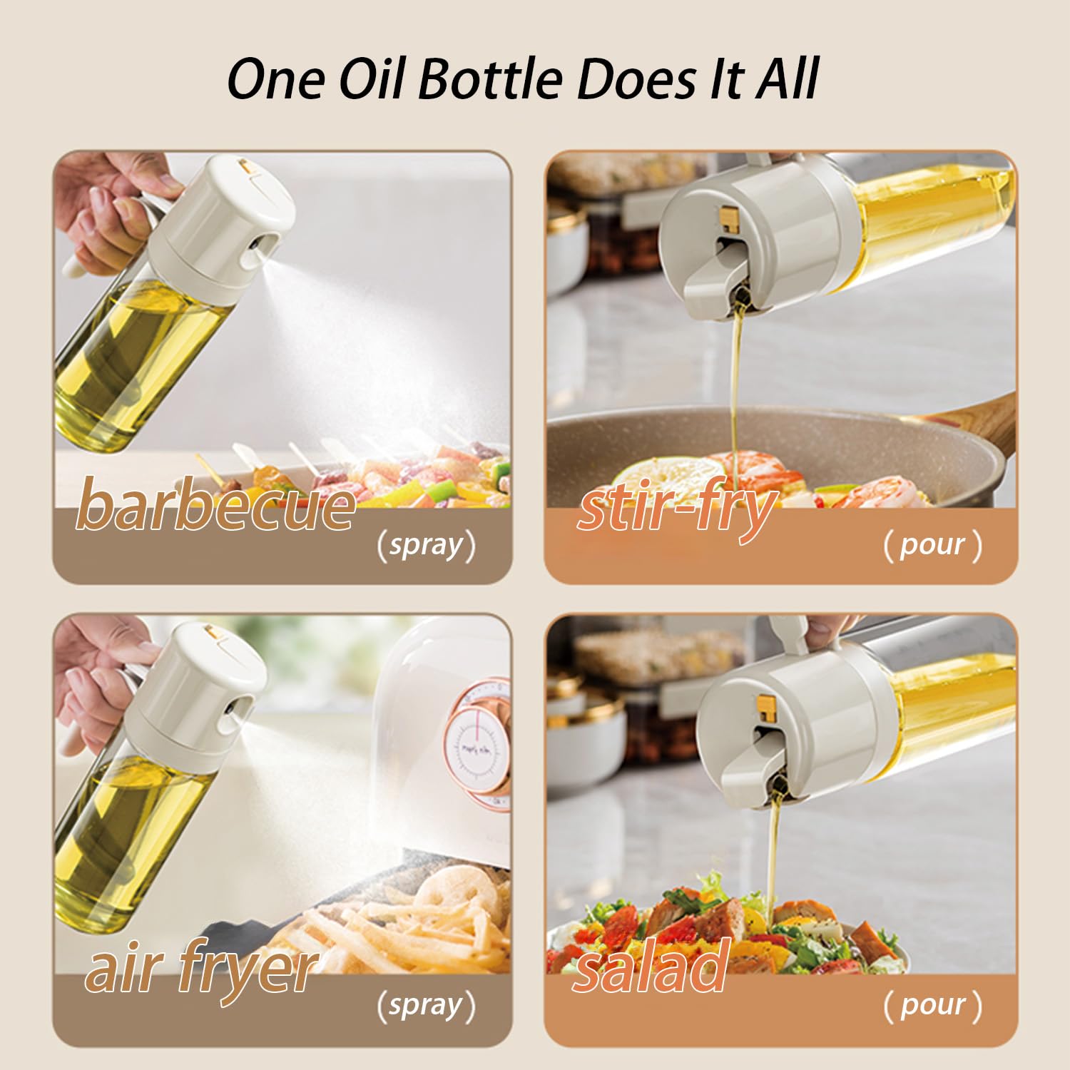 Oil Sprayer - Olive Oil Bottle - Oil Dispenser - 2 in 1 Spray and Pour - Oil Atomizer - Oil Can with Handle - Airfryer Accessories - Kitchen Gadget - Pouring Bottle - Vinegar Bottle - Dressing Shaker - Glass - Anti-Leak - White - 1 Piece
