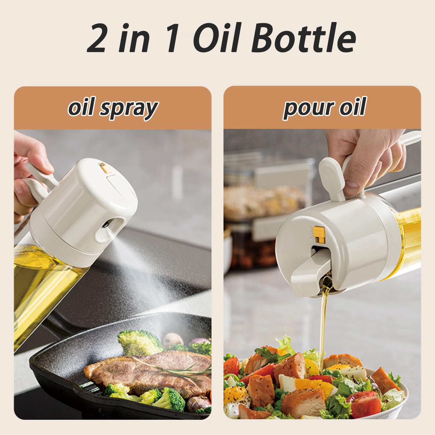 Oil Sprayer - Olive Oil Bottle - Oil Dispenser - 2 in 1 Spray and Pour - Oil Atomizer - Oil Can with Handle - Airfryer Accessories - Kitchen Gadget - Pouring Bottle - Vinegar Bottle - Dressing Shaker - Glass - Anti-Leak - White - 1 Piece