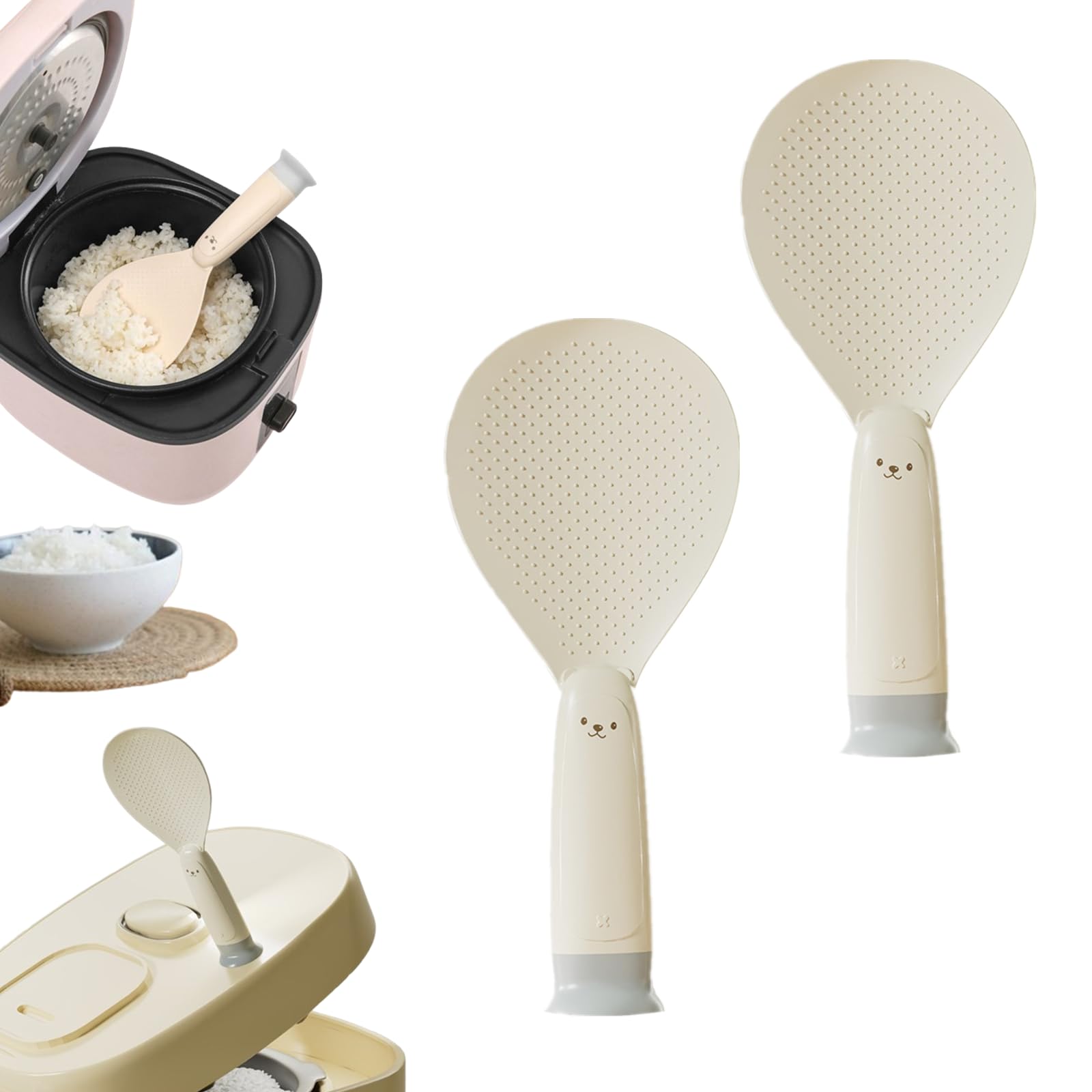 Rice Spoon - Standing Serving Spoon - Rice Scoop - Non-Stick - Rice Cooker Accessories - Potato Spoon - Kitchen Gadget - Sushi Making - Serving Cutlery - Heat Resistant - Dishwasher Safe - Kitchen Utensils - Beige - 2 Pieces