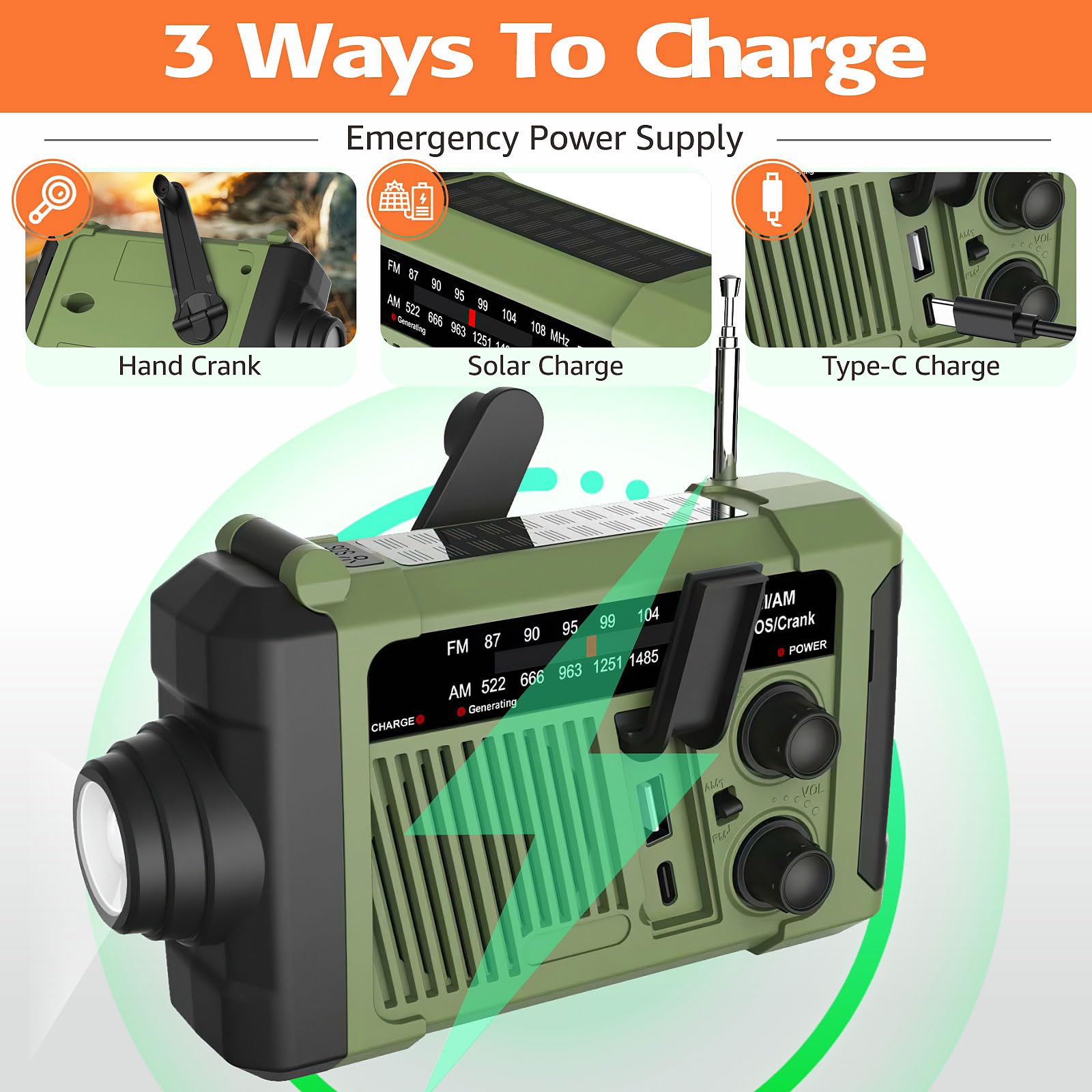 Wind-up Radio - Solar Radio - World Receiver - Portable Radio - Flashlight with Dynamo - Powerbank Function - Camping Radio - Outdoor Gadgets - Rechargeable Flashlight - USB Charger - FM AM Receiver - Hiking - Orange - 1 Piece