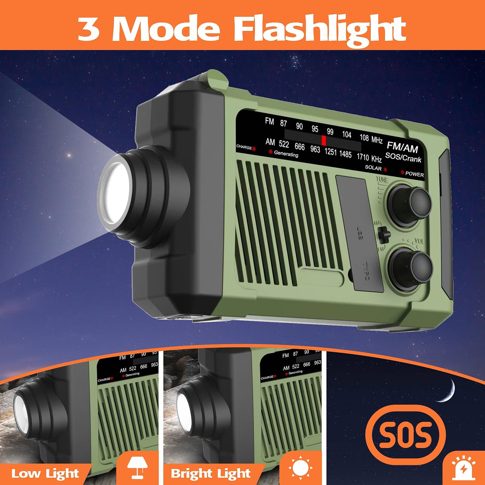 Wind-up Radio - Solar Radio - World Receiver - Portable Radio - Flashlight with Dynamo - Powerbank Function - Camping Radio - Outdoor Gadgets - Rechargeable Flashlight - USB Charger - FM AM Receiver - Hiking - Orange - 1 Piece